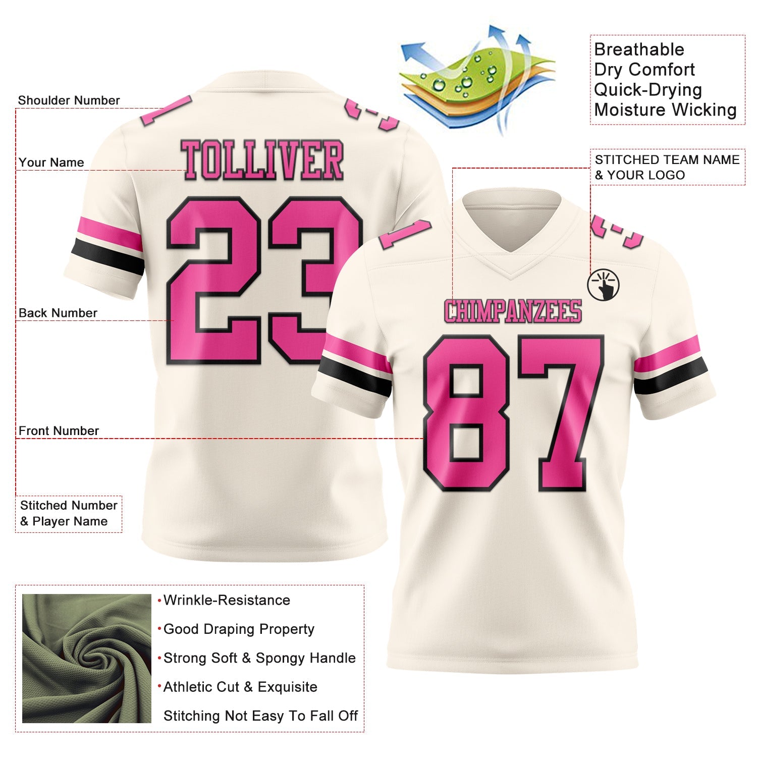 Custom Cream Pink-Black Authentic Football Jersey view 3