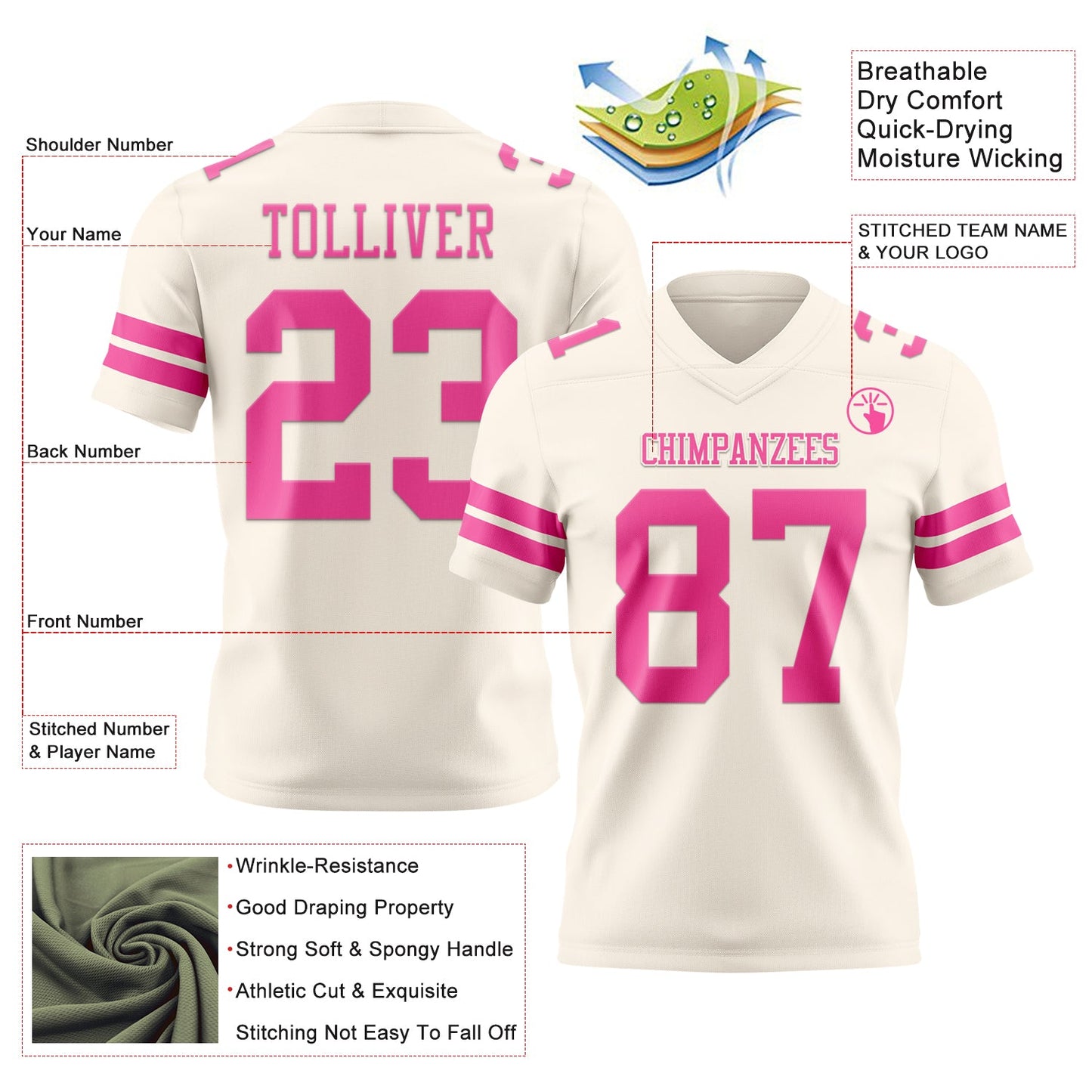 Custom Cream Pink Authentic Football Jersey view 3