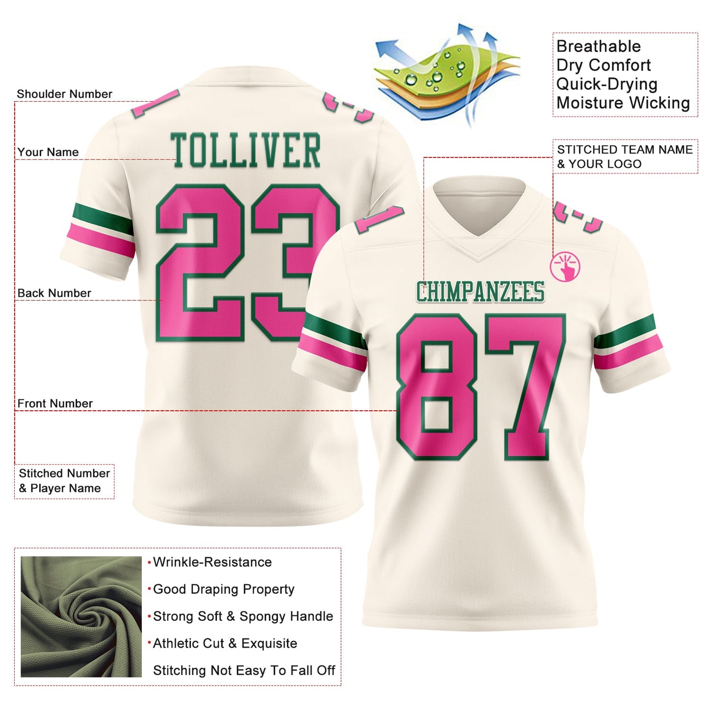 Custom Cream Pink-Kelly Green Authentic Football Jersey view 3