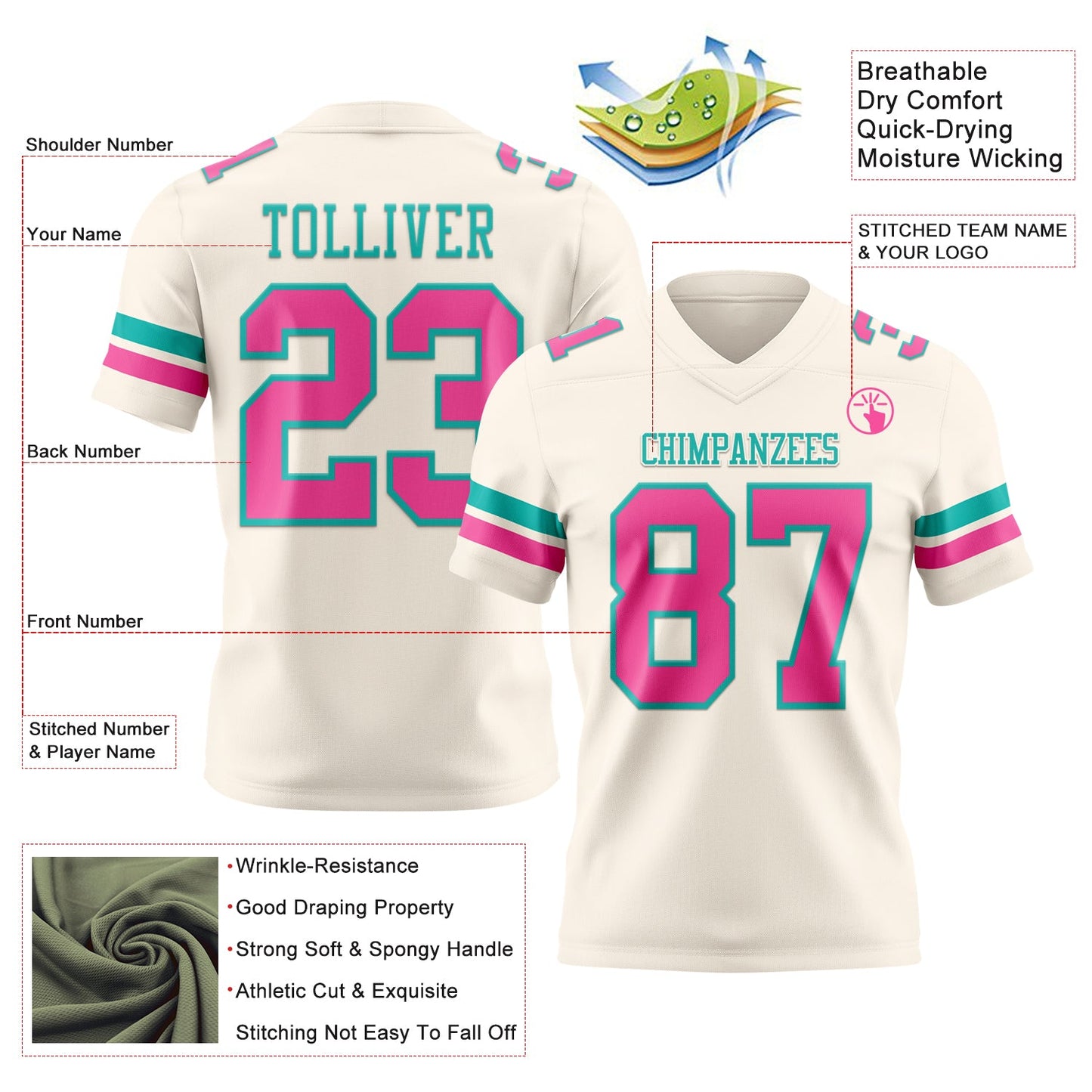 Custom Cream Pink-Aqua Authentic Football Jersey view 3