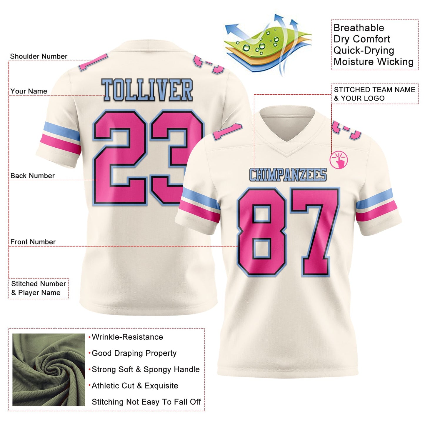 Custom Cream Pink Black-Light Blue Authentic Football Jersey view 3
