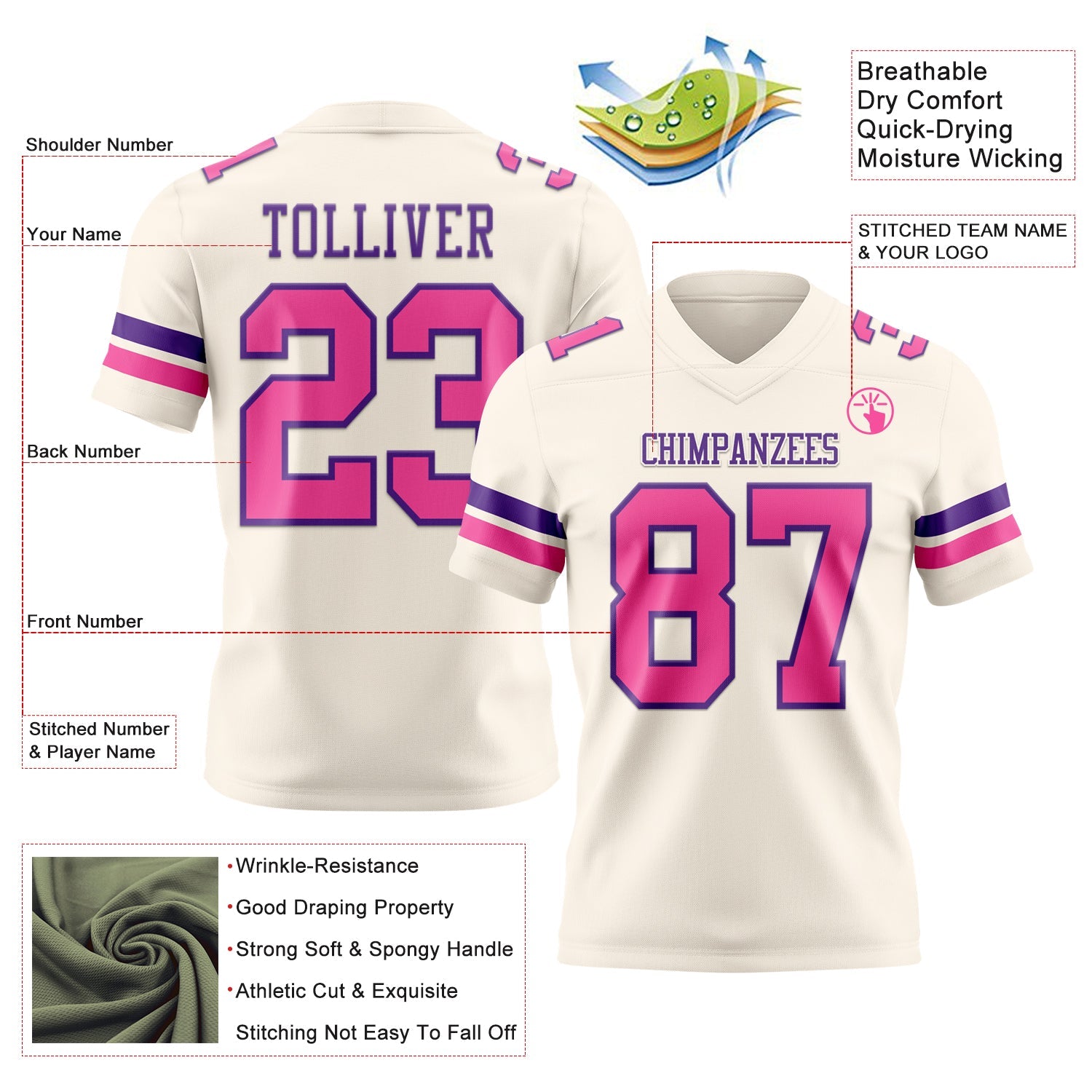 Custom Cream Pink-Purple Authentic Football Jersey view 3