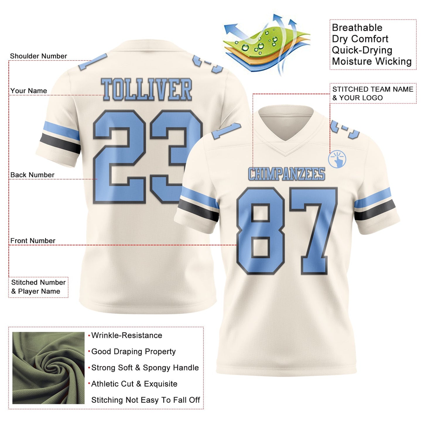 Custom Cream Light Blue-Steel Gray Authentic Football Jersey view 3