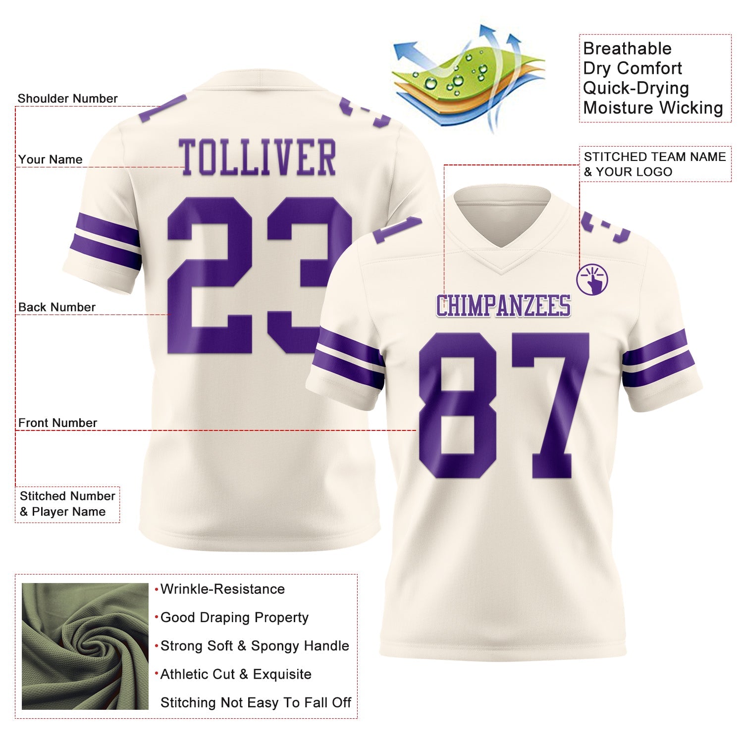 Custom Cream Purple Authentic Football Jersey view 3