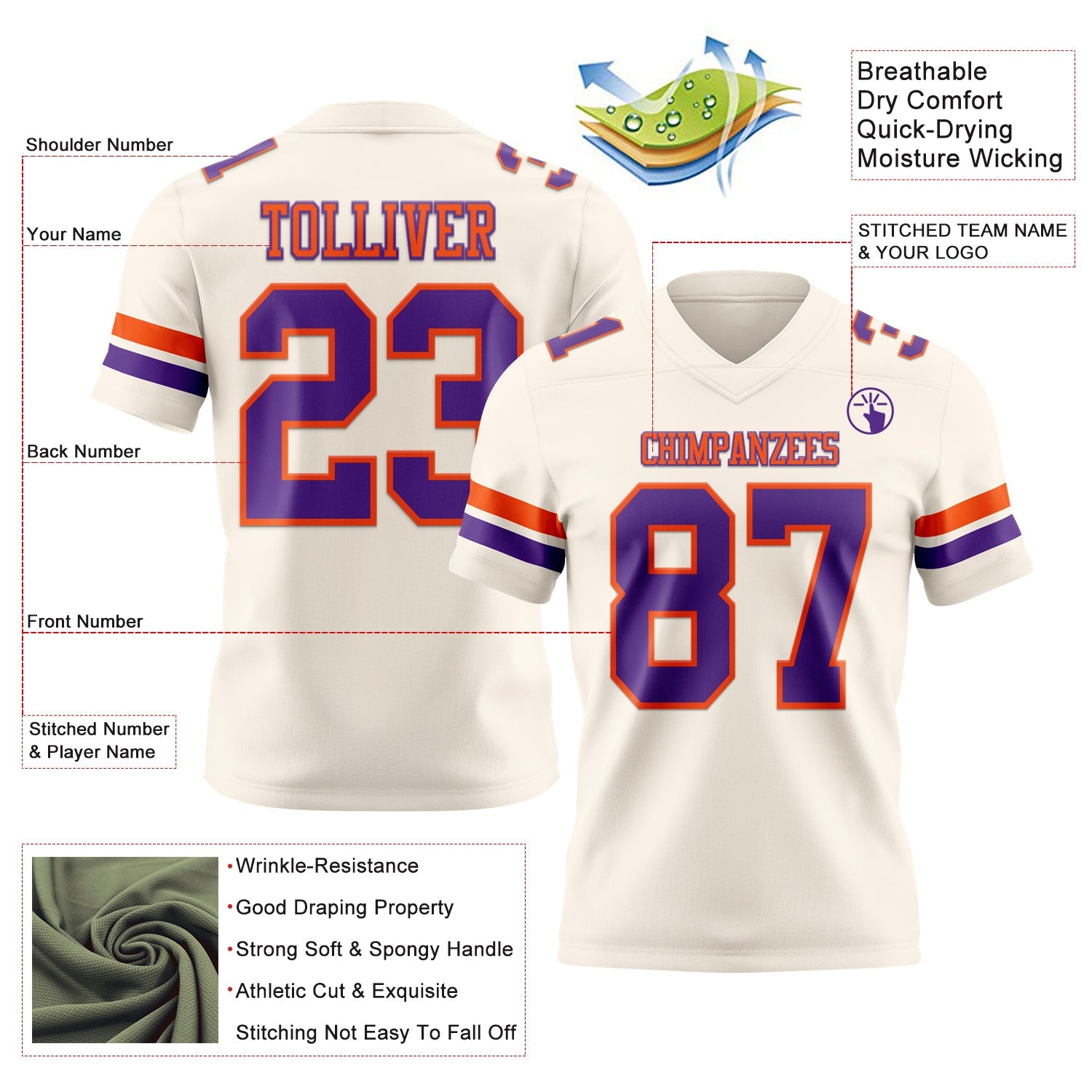 Custom Cream Purple-Orange Authentic Football Jersey view 3