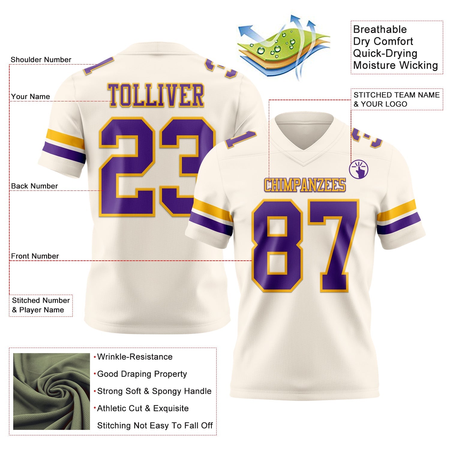 Custom Cream Purple-Gold Authentic Football Jersey view 3