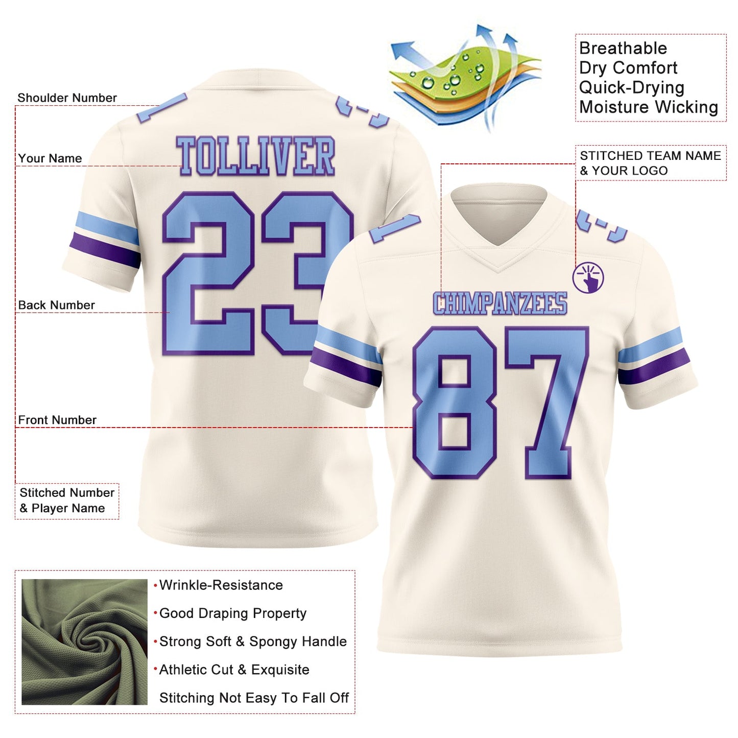 Custom Cream Light Blue-Purple Authentic Football Jersey view 3
