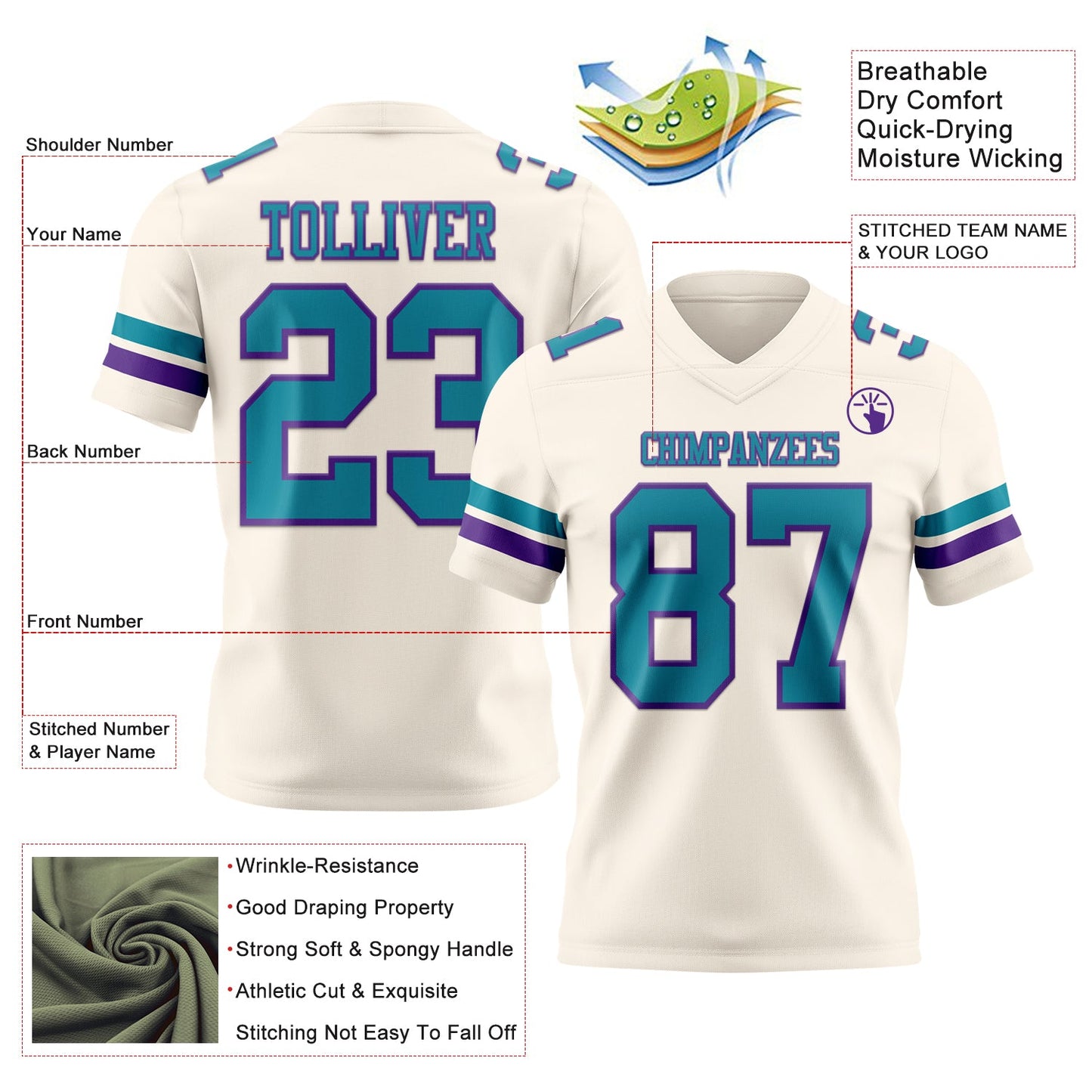 Custom Cream Teal-Purple Authentic Football Jersey view 3