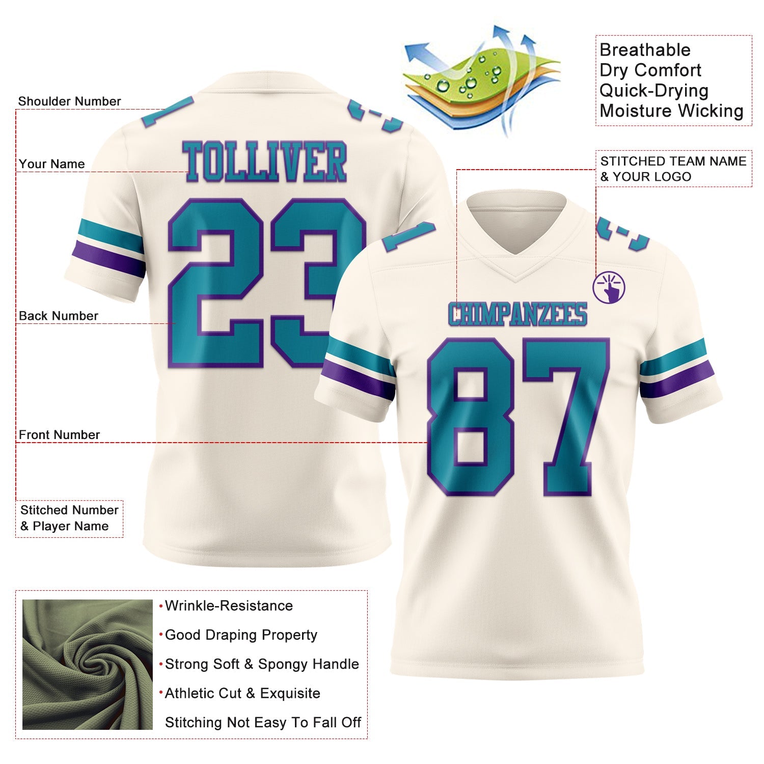 Custom Cream Teal-Purple Authentic Football Jersey view 3
