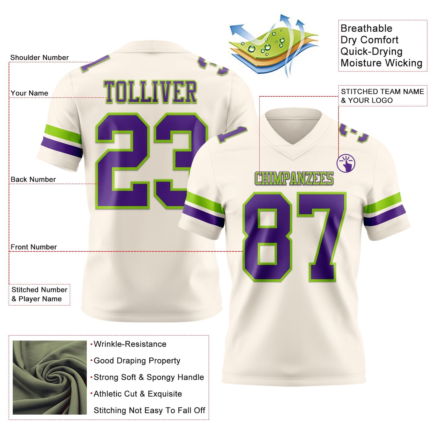 Custom Cream Purple-Neon Green Authentic Football Jersey view 3
