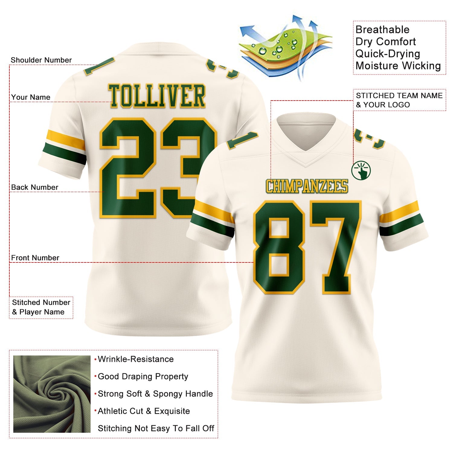 Custom Cream Green-Gold Authentic Football Jersey view 3