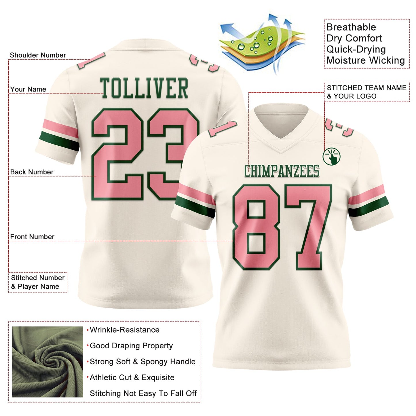 Custom Cream Medium Pink-Green Authentic Football Jersey view 3