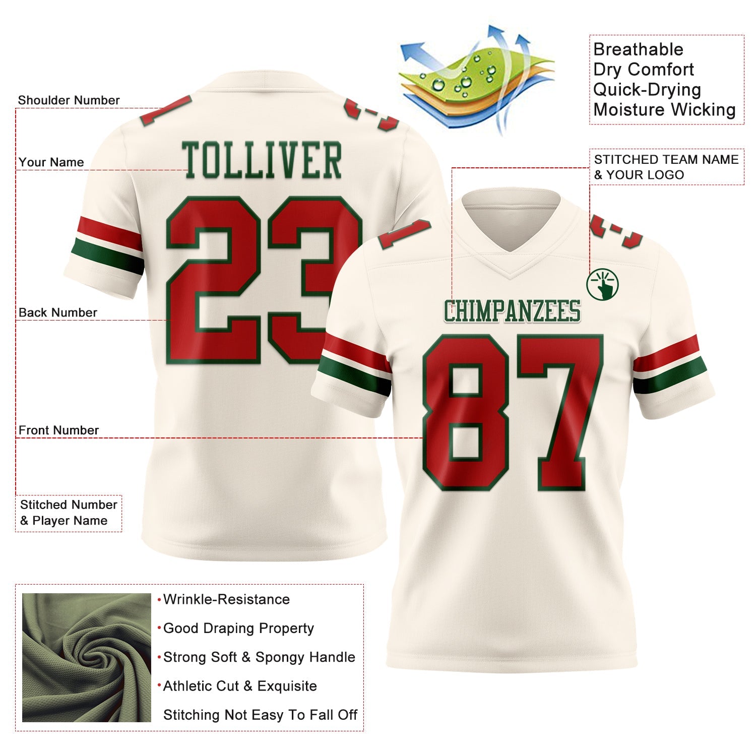 Custom Cream Red-Green Authentic Football Jersey view 3