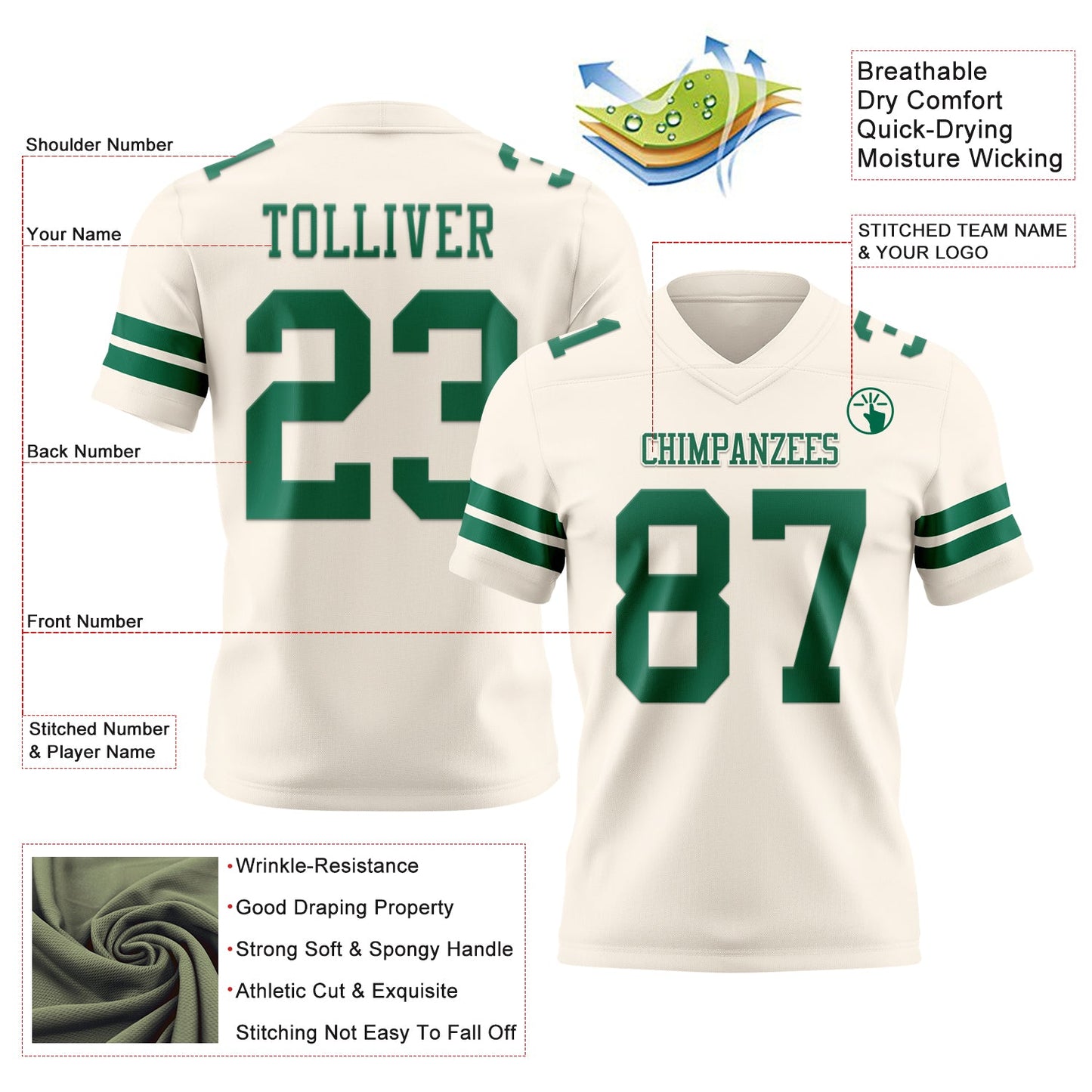Custom Cream Kelly Green Authentic Football Jersey view 3