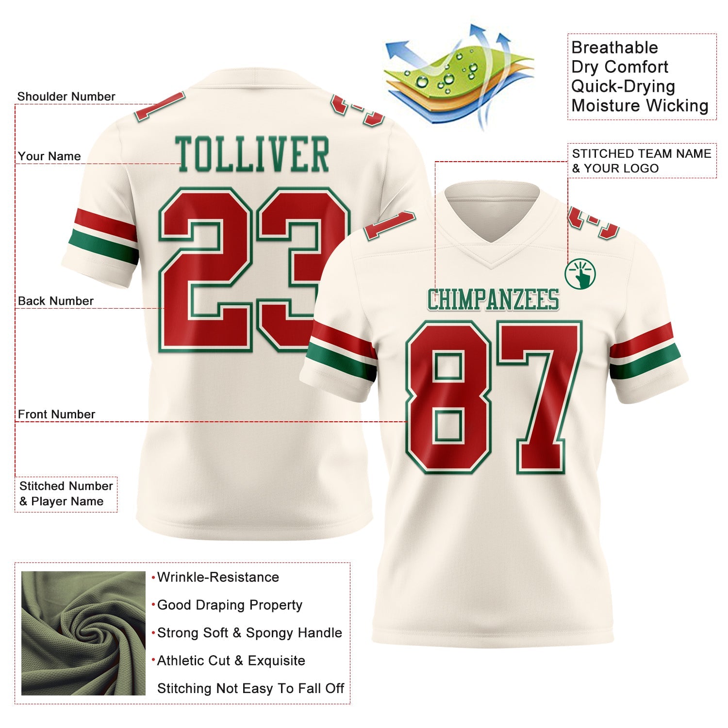 Custom Cream Red-Kelly Green Authentic Football Jersey view 3