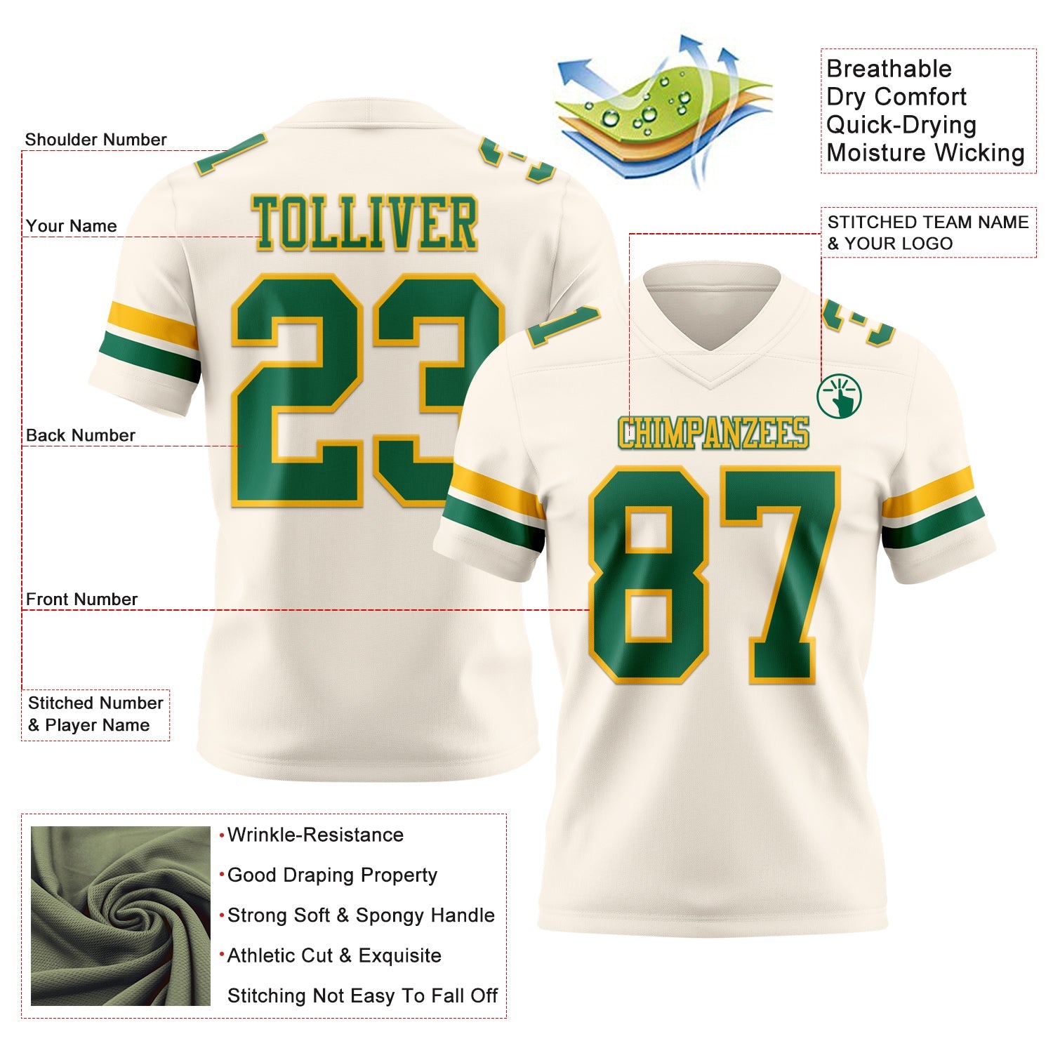 Custom Cream Kelly Green-Gold Authentic Football Jersey view 3
