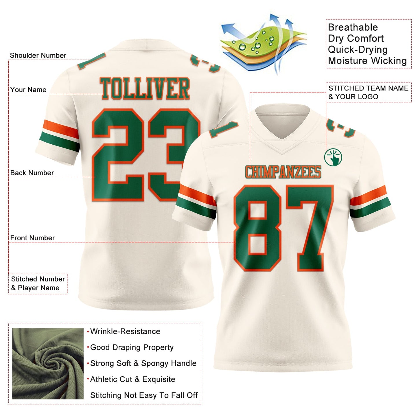 Custom Cream Kelly Green-Orange Authentic Football Jersey view 3