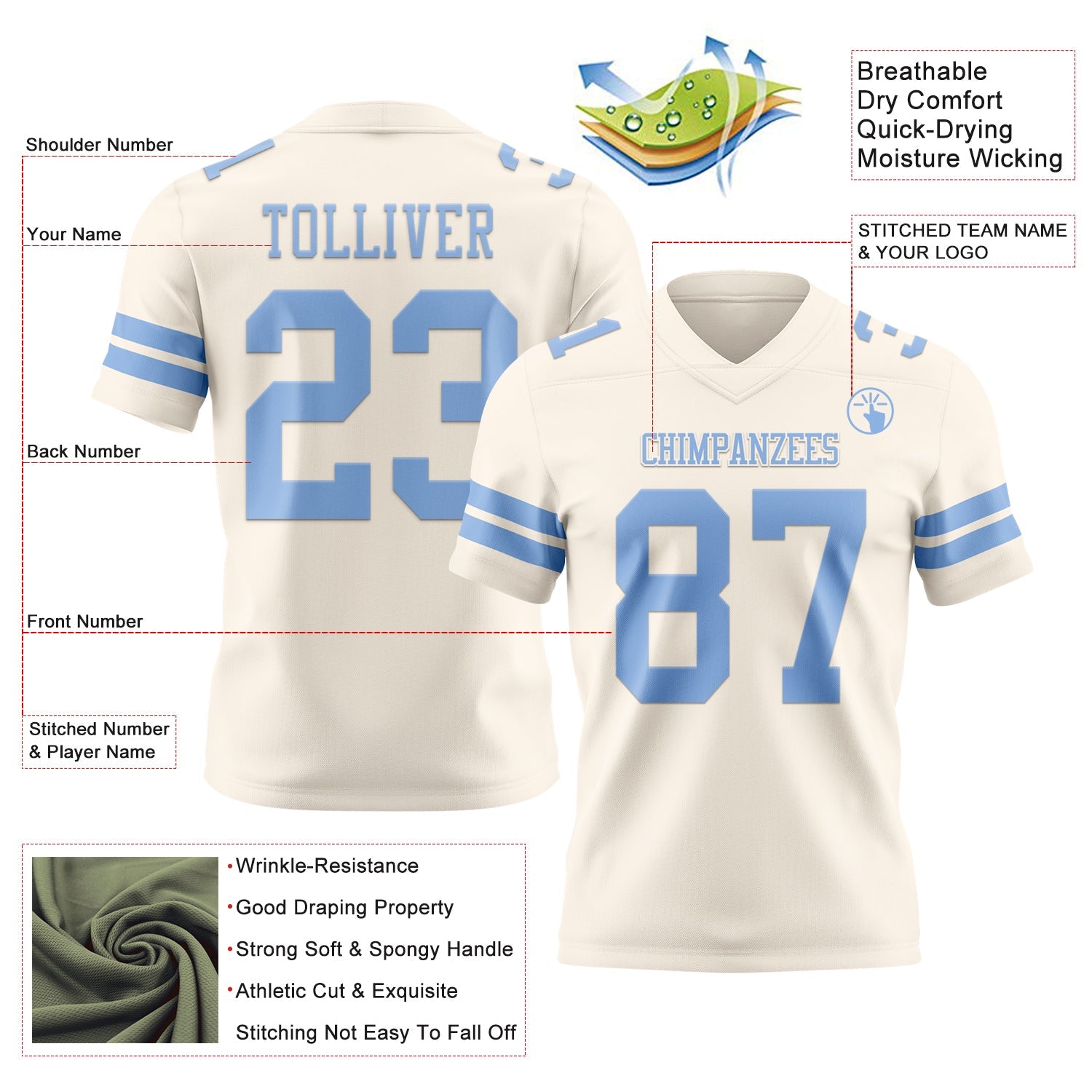 Custom Cream Light Blue Authentic Football Jersey view 3