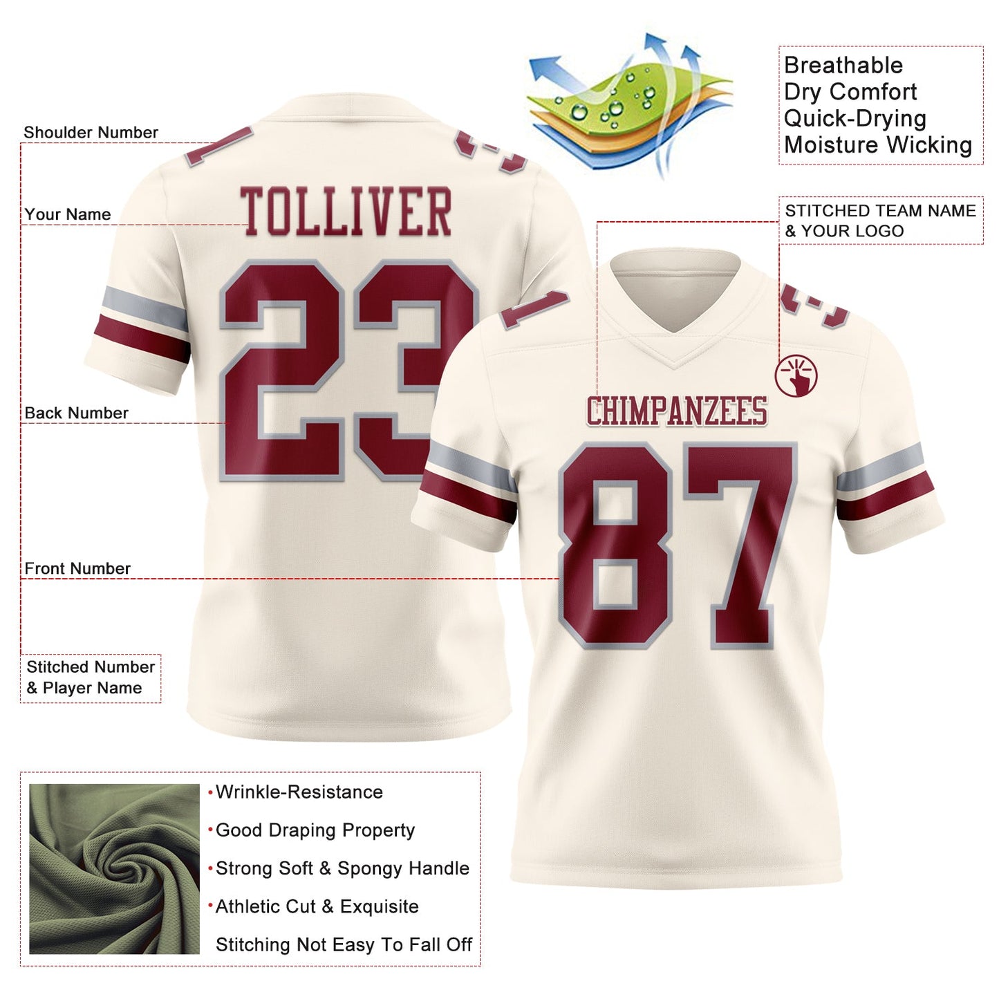 Custom Cream Crimson-Gray Authentic Football Jersey view 3