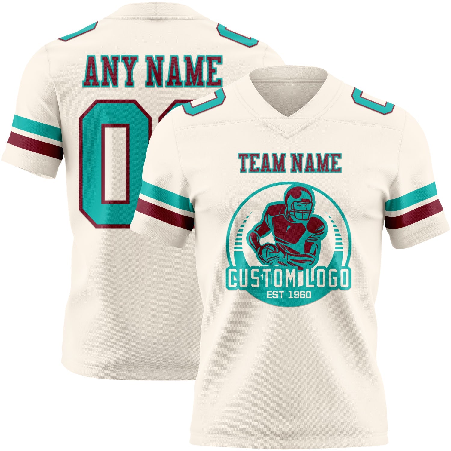 Custom Cream Aqua-Crimson Authentic Football Jersey view 2