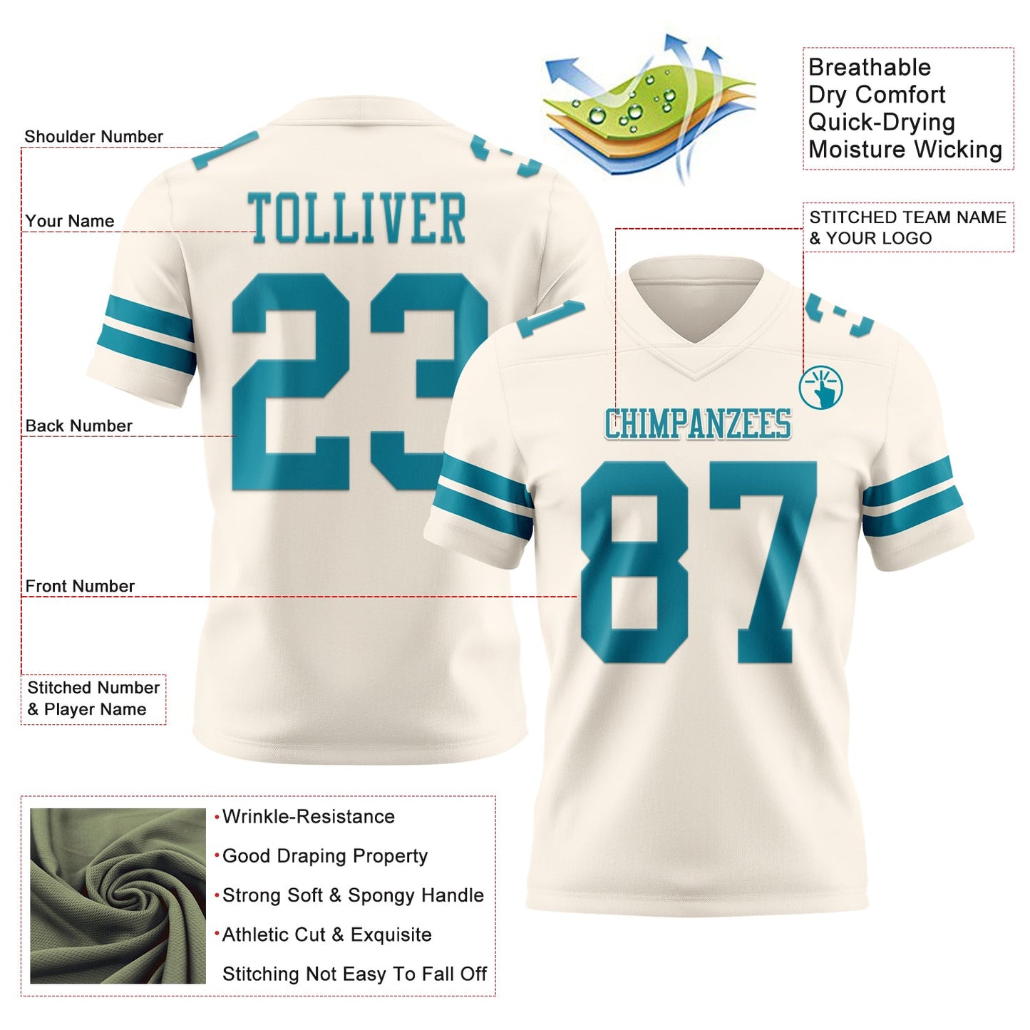Custom Cream Teal Authentic Football Jersey view 3
