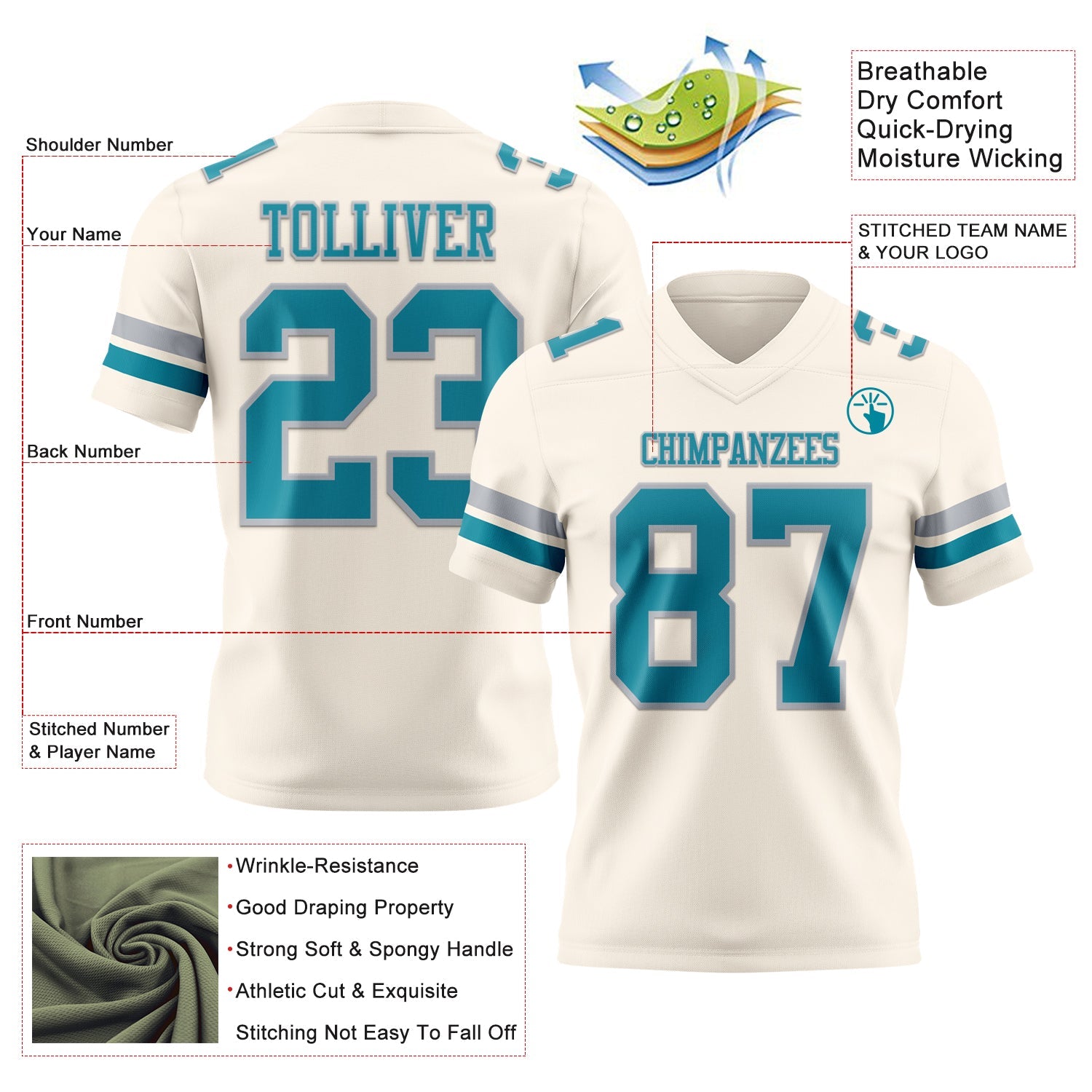 Custom Cream Teal-Gray Authentic Football Jersey view 3