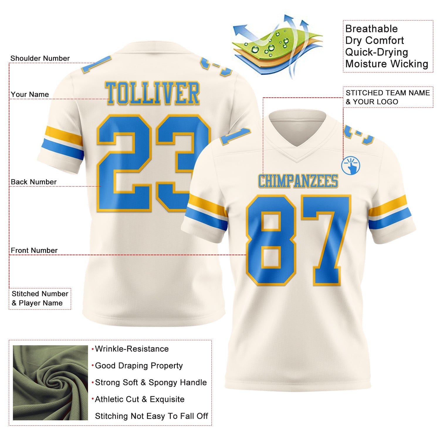 Custom Cream Powder Blue-Gold Authentic Football Jersey view 3