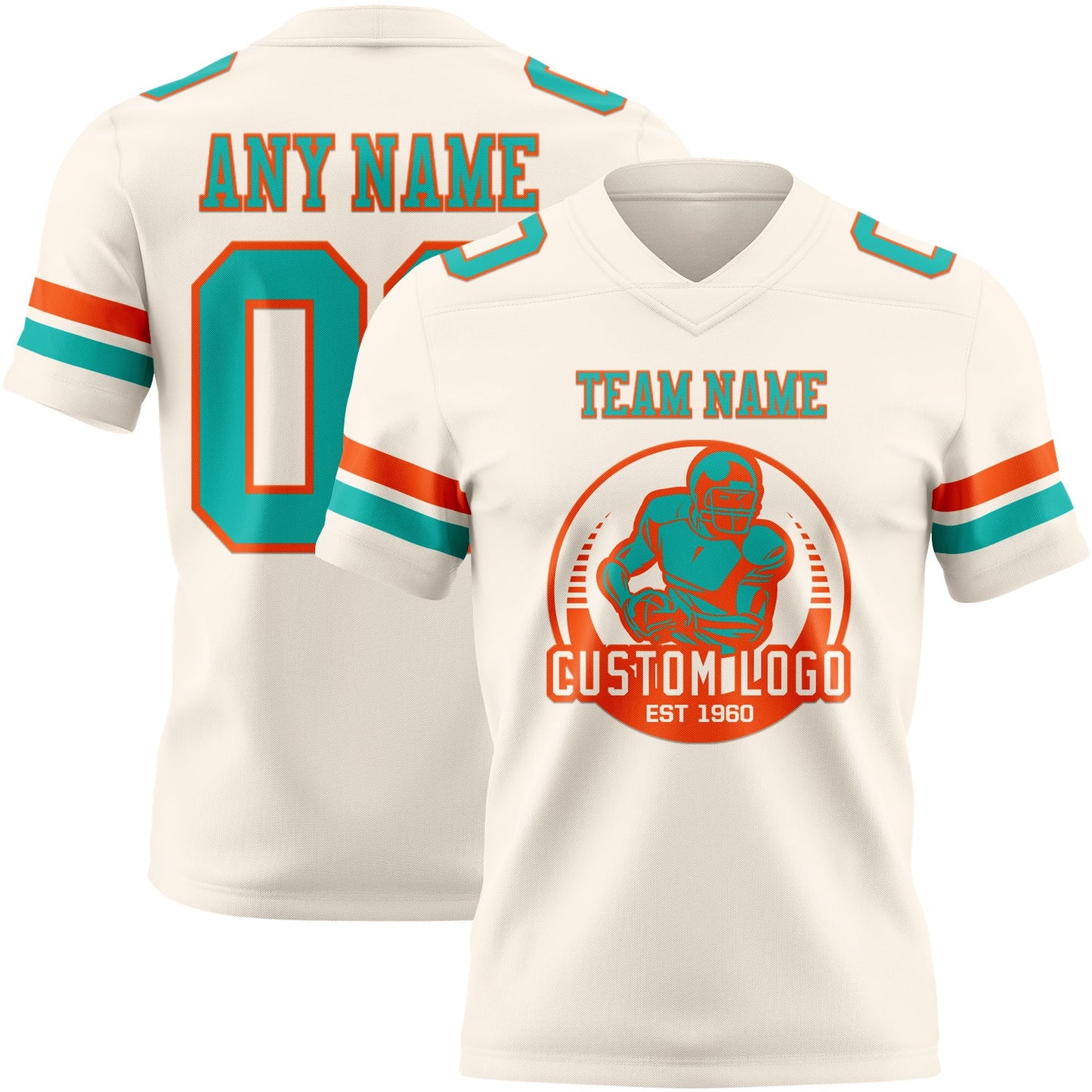 Custom Cream Aqua-Orange Authentic Football Jersey view 2
