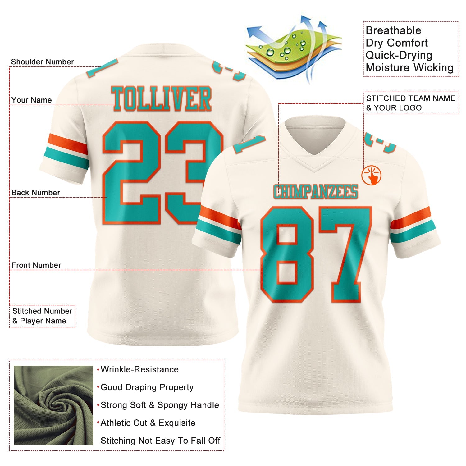 Custom Cream Aqua-Orange Authentic Football Jersey view 3