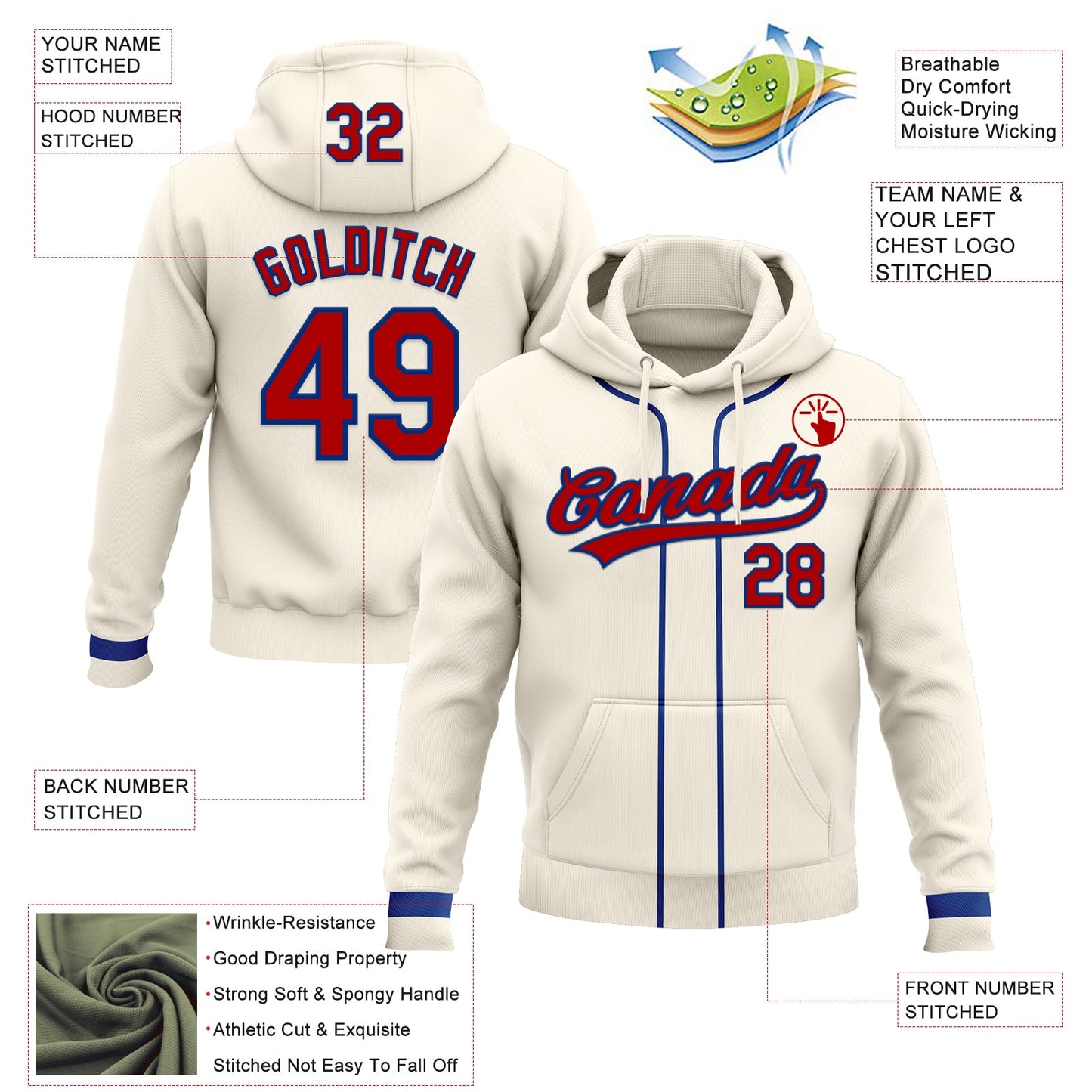 Custom Stitched Cream Red-Royal Baseball Pullover Sweatshirt Hoodie view 2