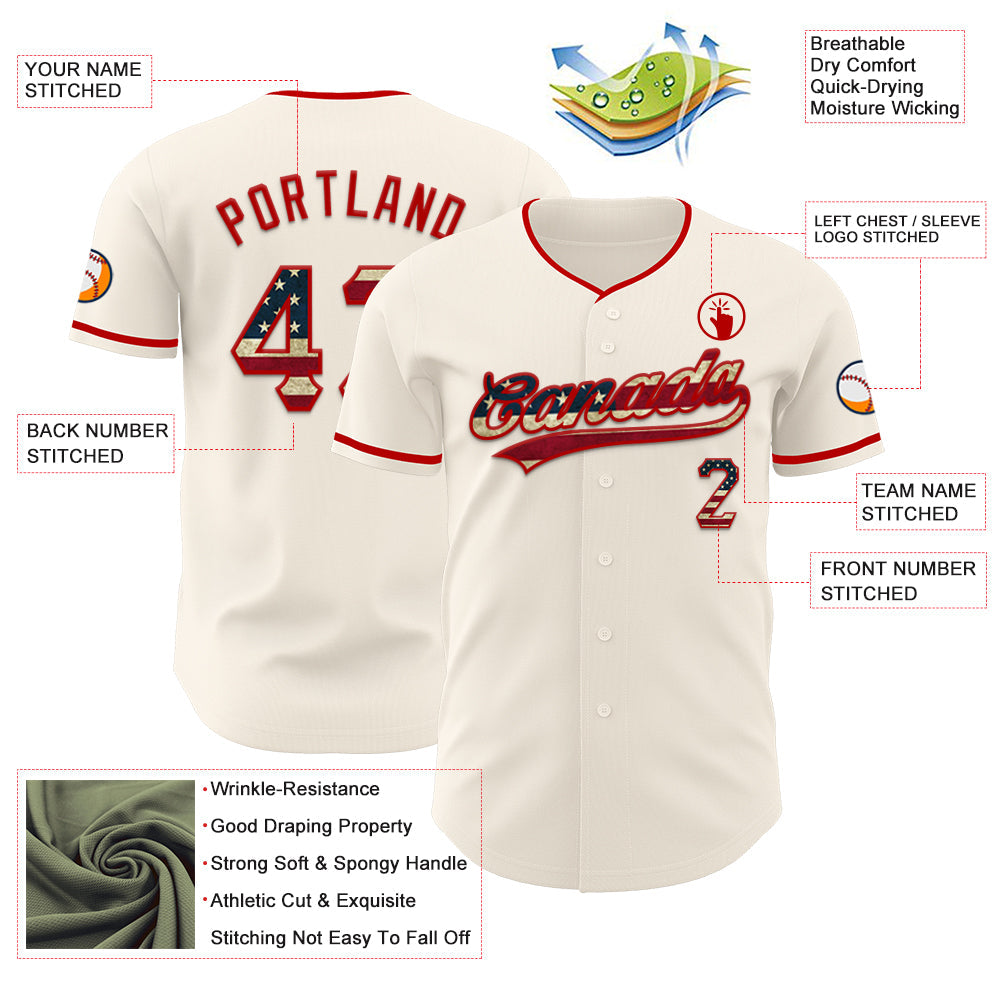 Custom Cream Vintage USA Flag-Red Authentic Baseball Jersey view 3