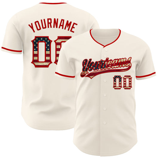 Custom Cream Vintage USA Flag-Red Authentic Baseball Jersey - Main View