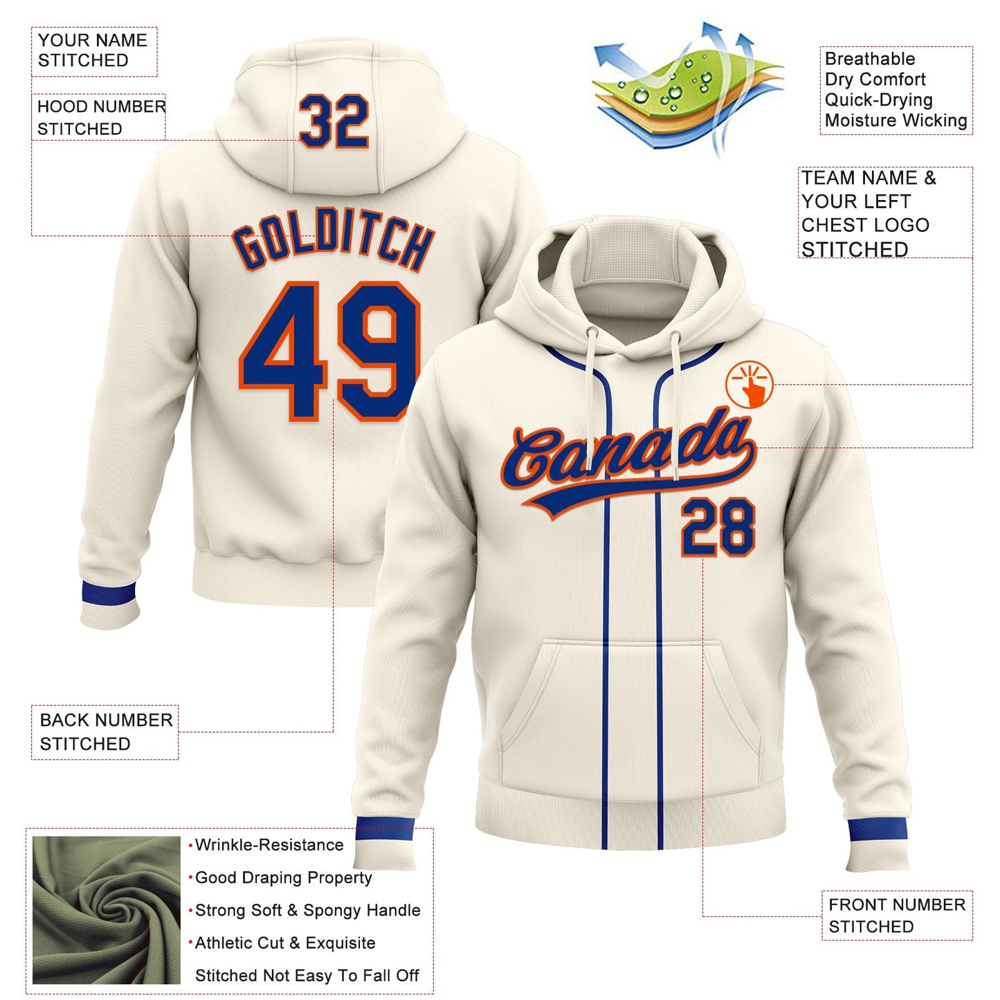 Custom Stitched Cream Royal-Orange Baseball Pullover Sweatshirt Hoodie view 2