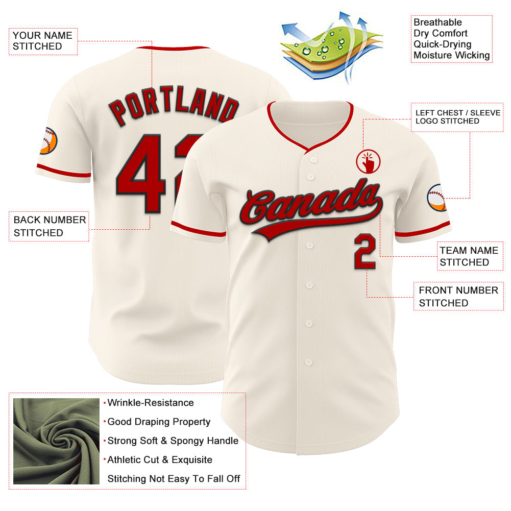 Custom Cream Red-Black Authentic Baseball Jersey view 3