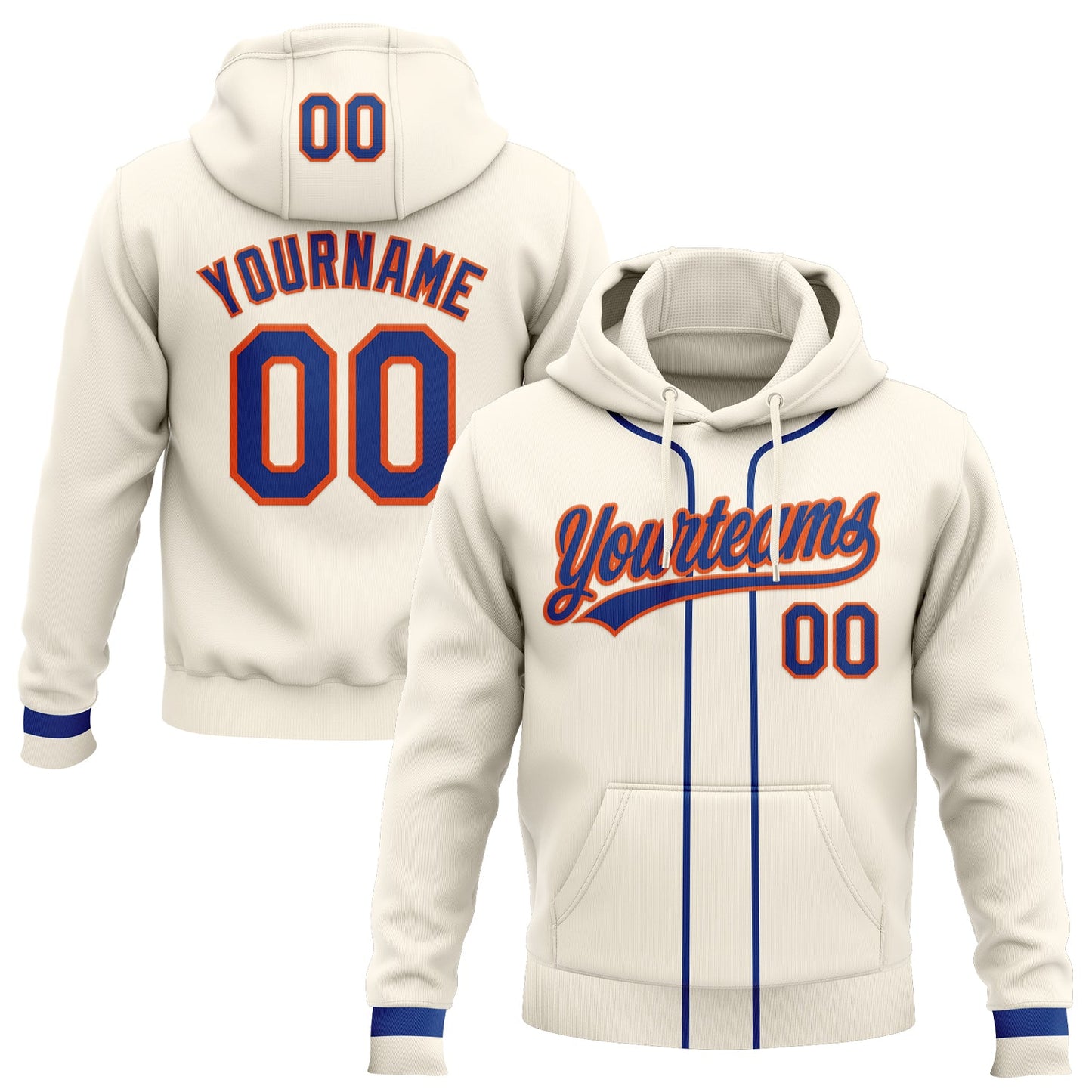 Custom Stitched Cream Royal-Orange Baseball Pullover Sweatshirt Hoodie - Main View