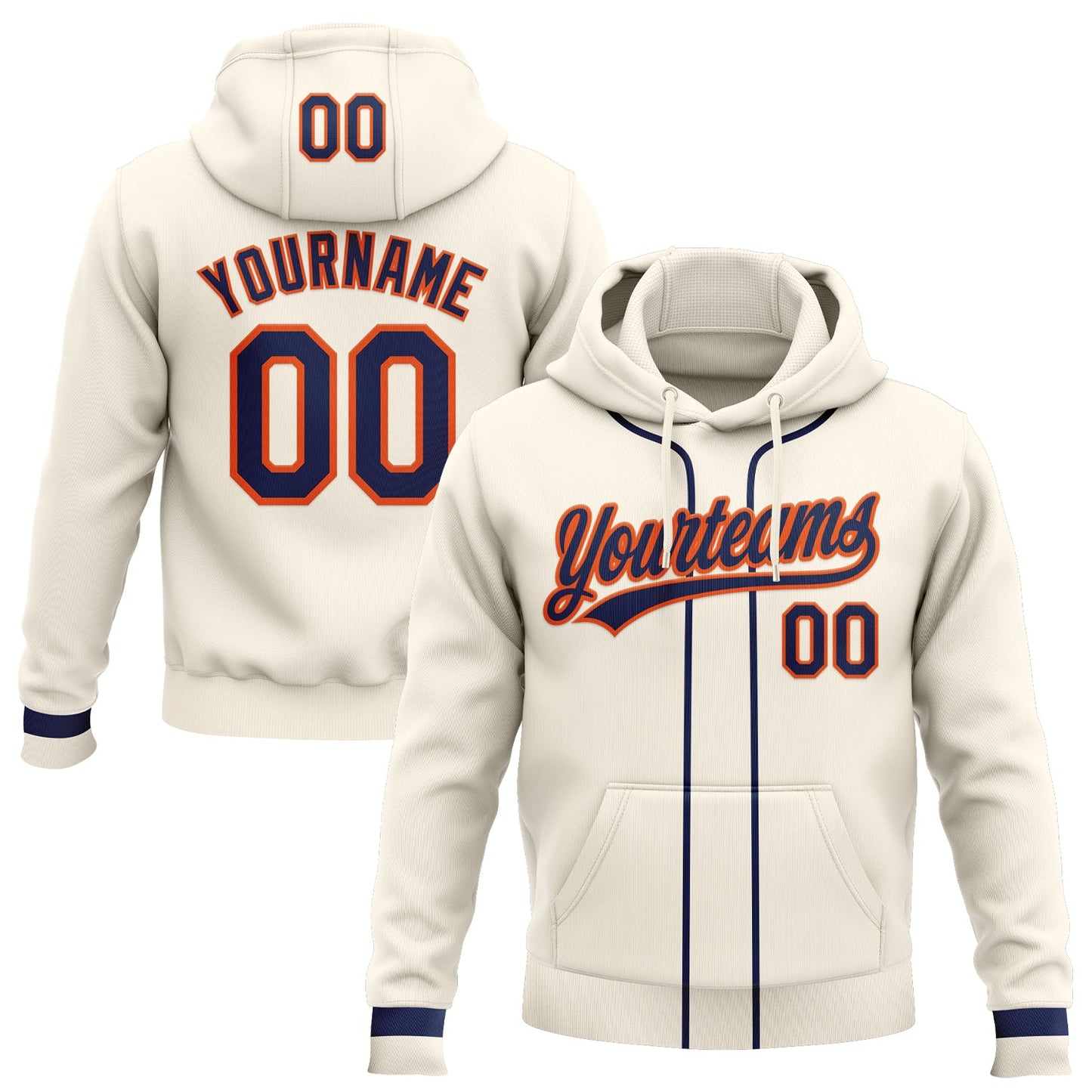 Custom Stitched Cream Navy-Orange Baseball Pullover Sweatshirt Hoodie - Main View