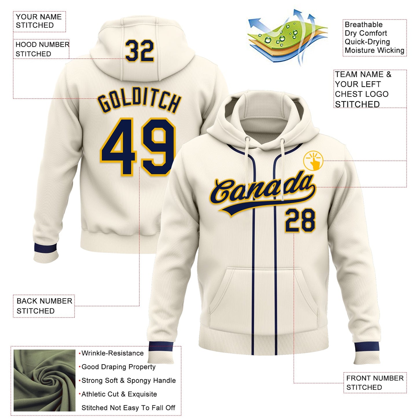 Custom Stitched Cream Navy-Gold Baseball Pullover Sweatshirt Hoodie view 2