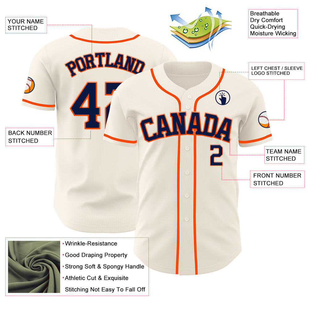 Custom Cream Navy-Orange Authentic Baseball Jersey view 3