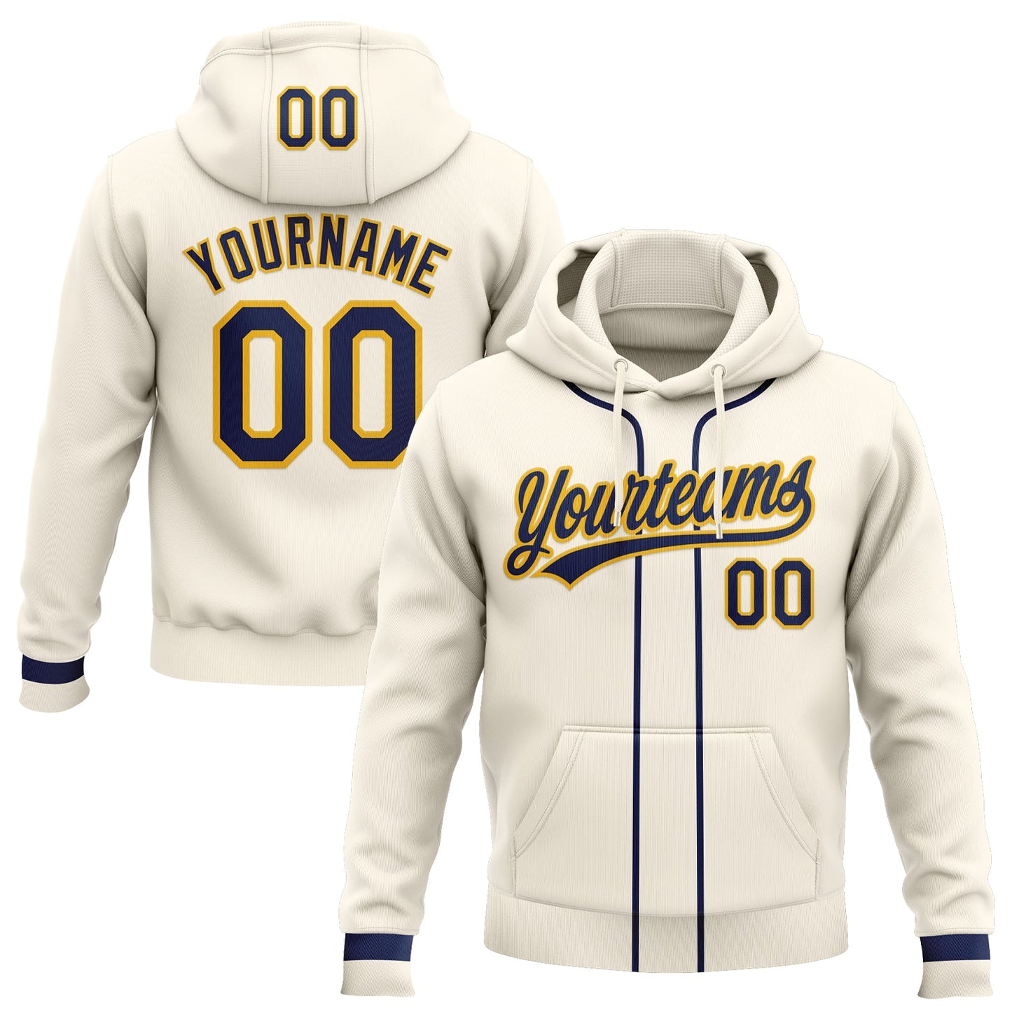 Custom Stitched Cream Navy-Gold Baseball Pullover Sweatshirt Hoodie - Main View