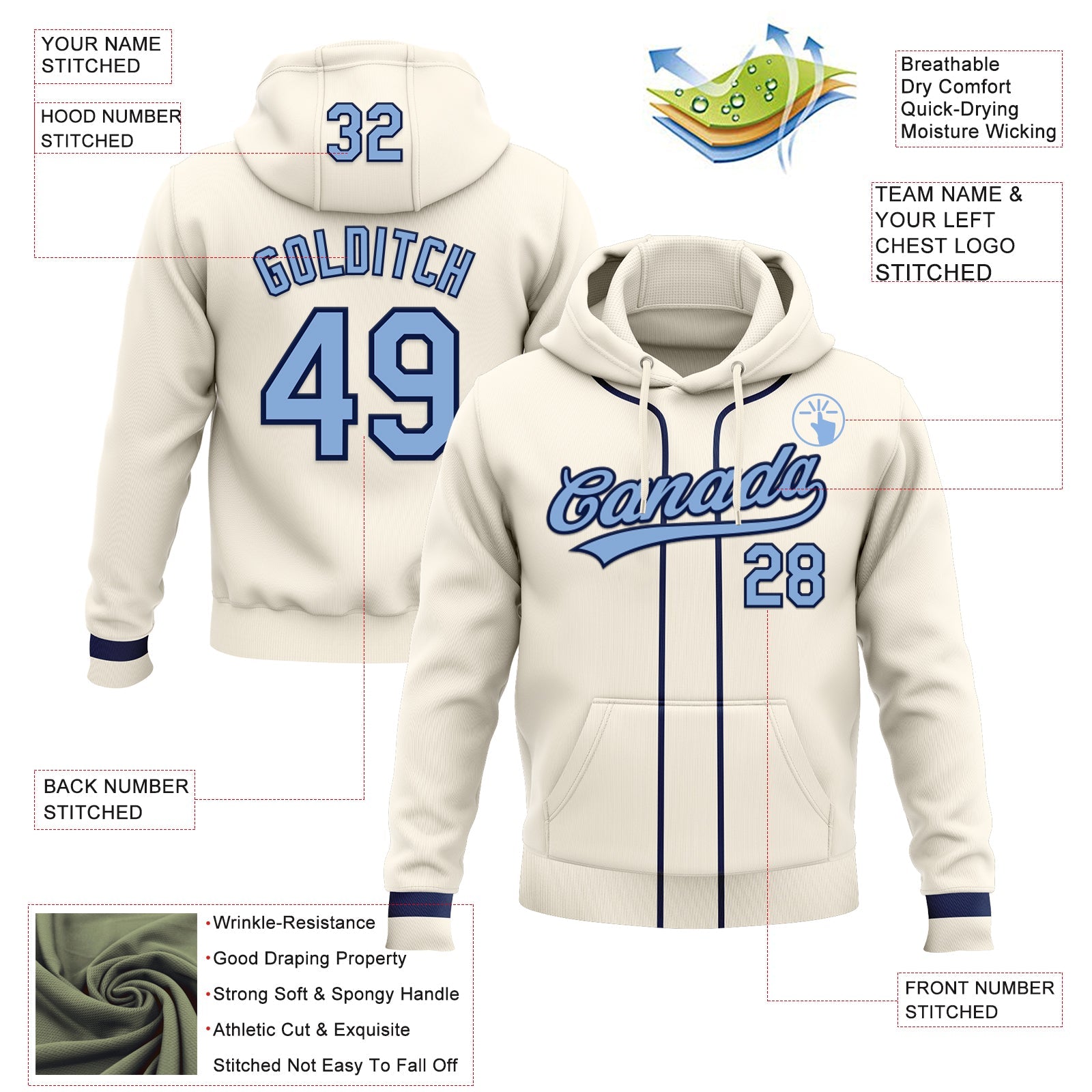 Custom Stitched Cream Light Blue-Navy Baseball Pullover Sweatshirt Hoodie view 2