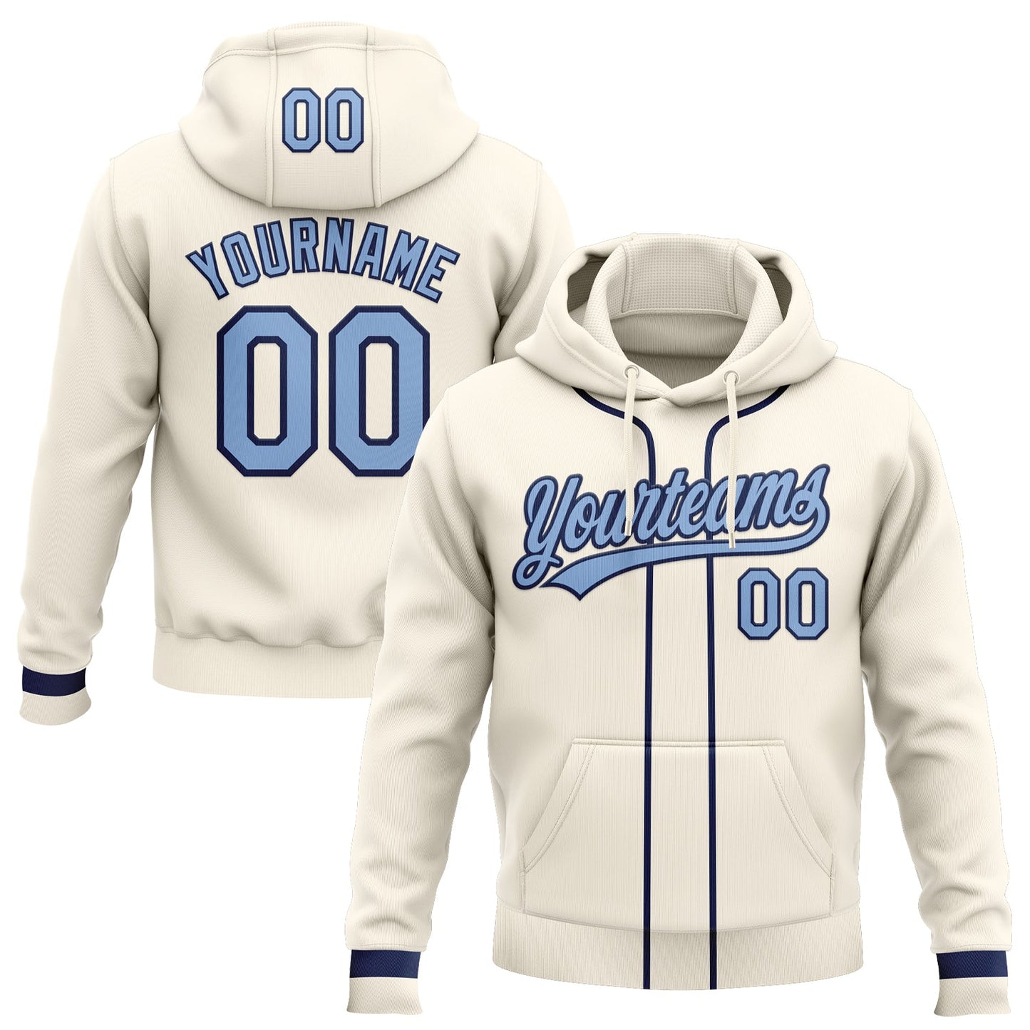 Custom Stitched Cream Light Blue-Navy Baseball Pullover Sweatshirt Hoodie - Main View