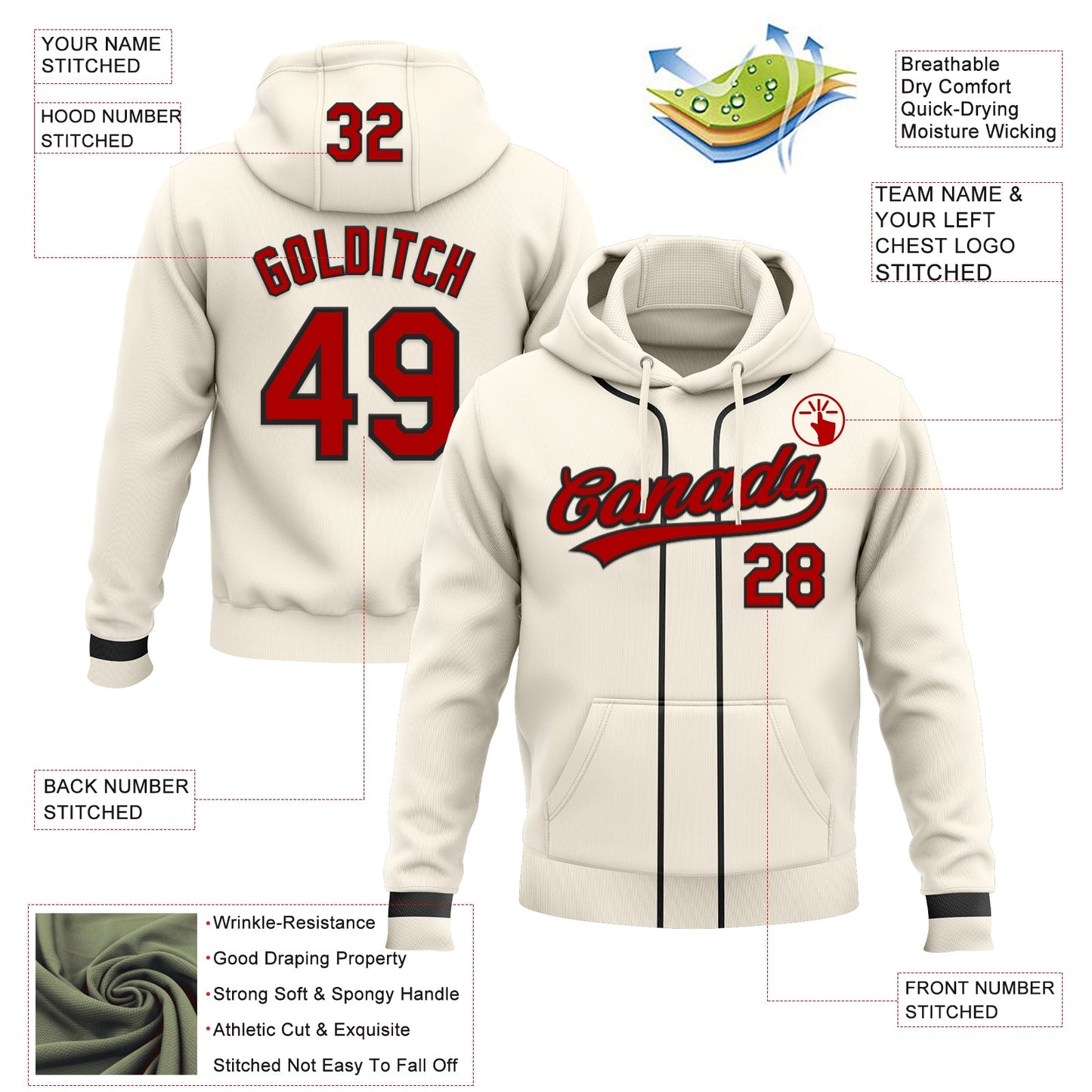 Custom Stitched Cream Red-Black Baseball Pullover Sweatshirt Hoodie view 2