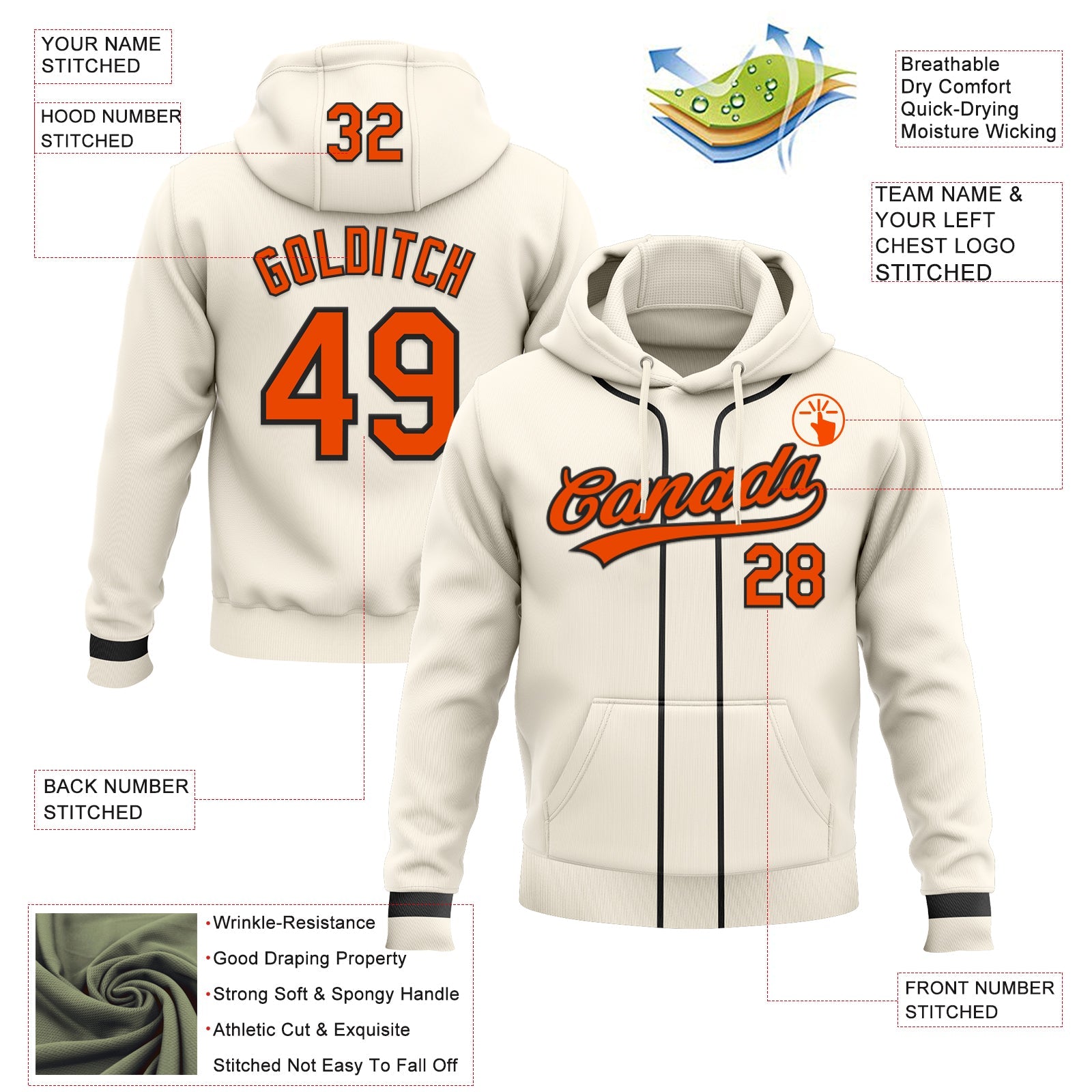 Custom Stitched Cream Orange-Black Baseball Pullover Sweatshirt Hoodie view 2