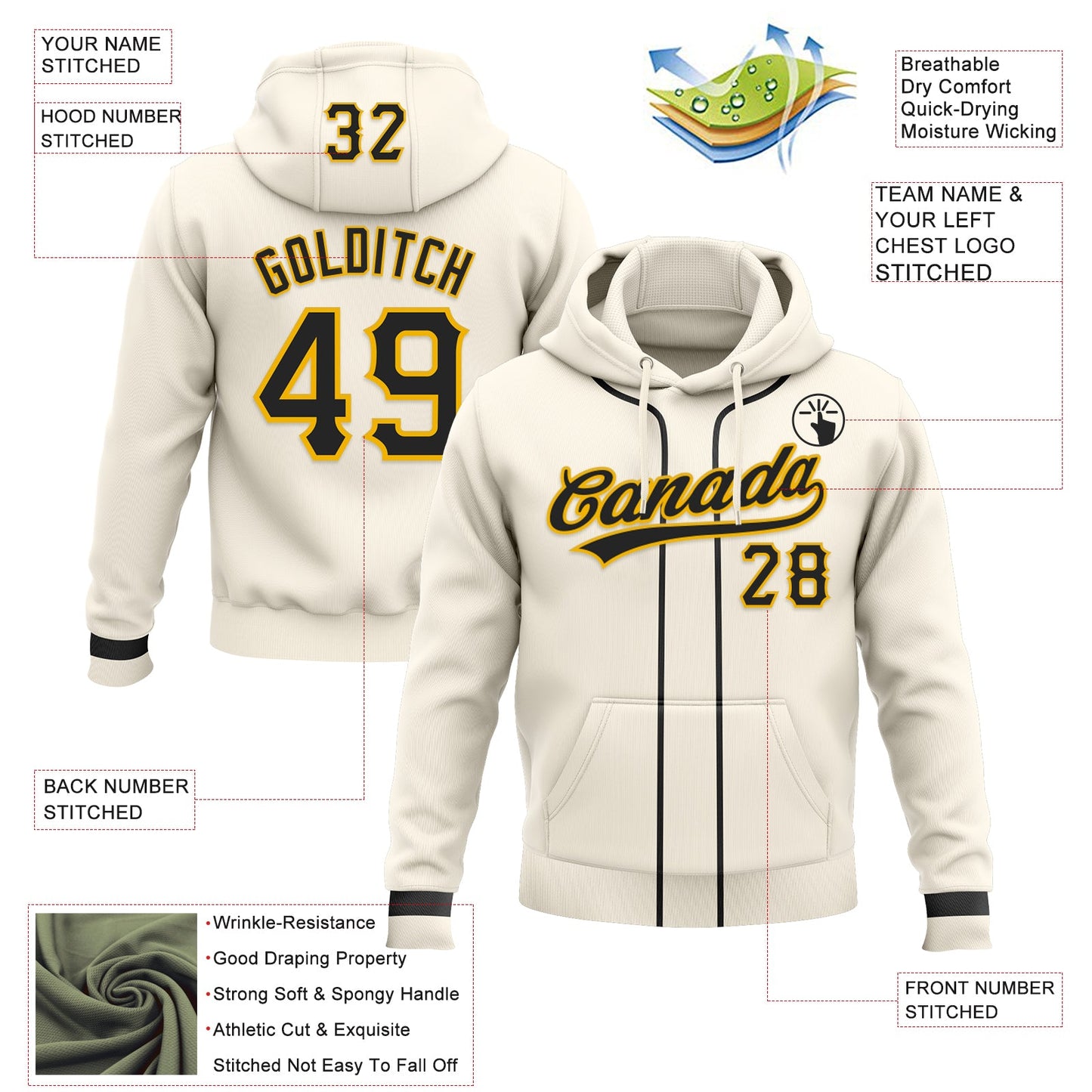 Custom Stitched Cream Black-Gold Baseball Pullover Sweatshirt Hoodie view 2