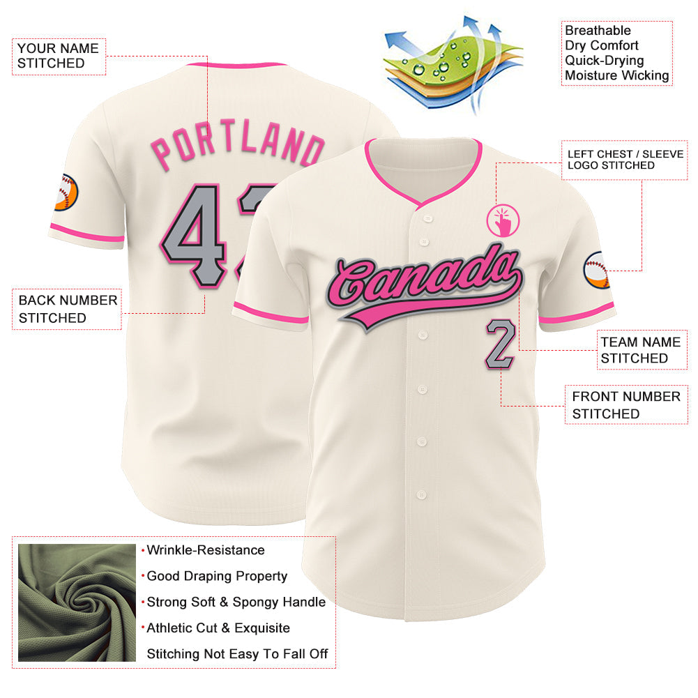 Custom Cream Gray Black-Pink Authentic Baseball Jersey view 3