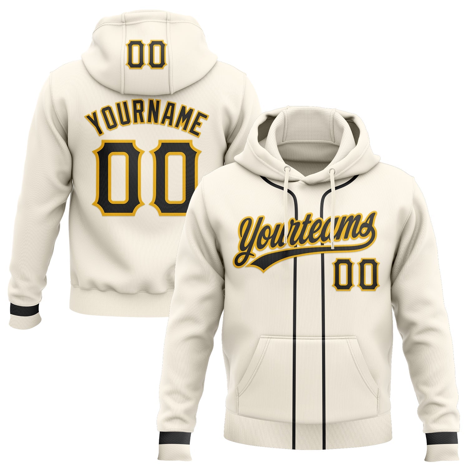 Custom Stitched Cream Black-Gold Baseball Pullover Sweatshirt Hoodie - Main View