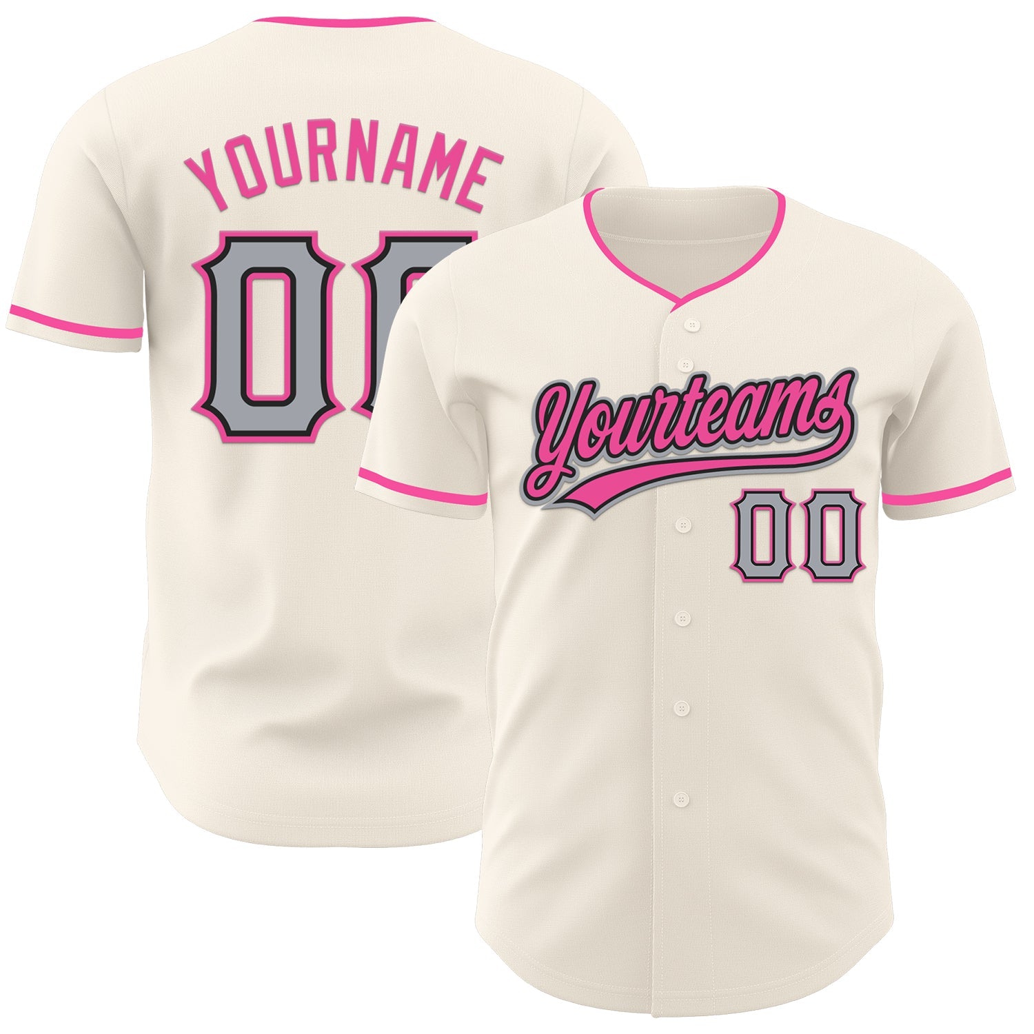 Custom Cream Gray Black-Pink Authentic Baseball Jersey - Main View
