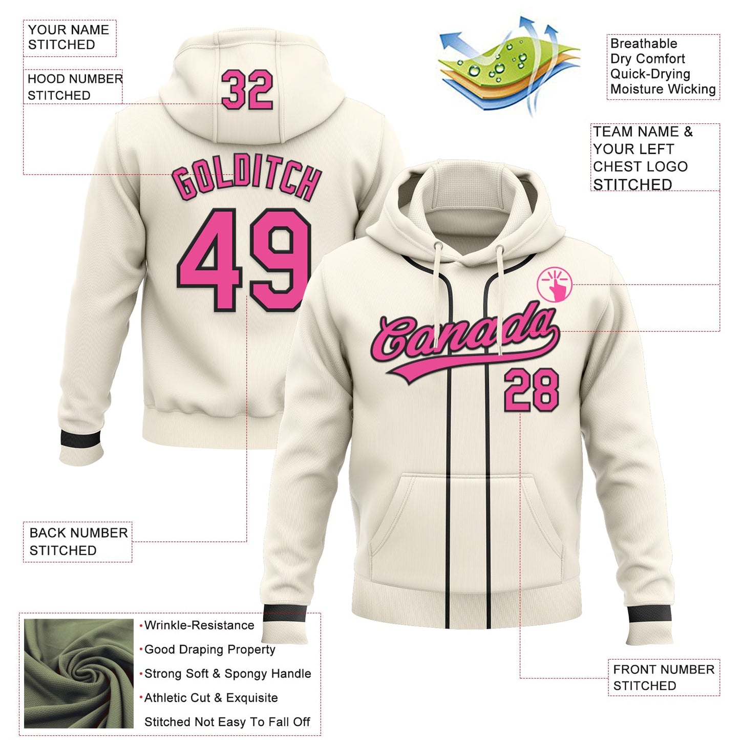 Custom Stitched Cream Pink-Black Baseball Pullover Sweatshirt Hoodie view 2