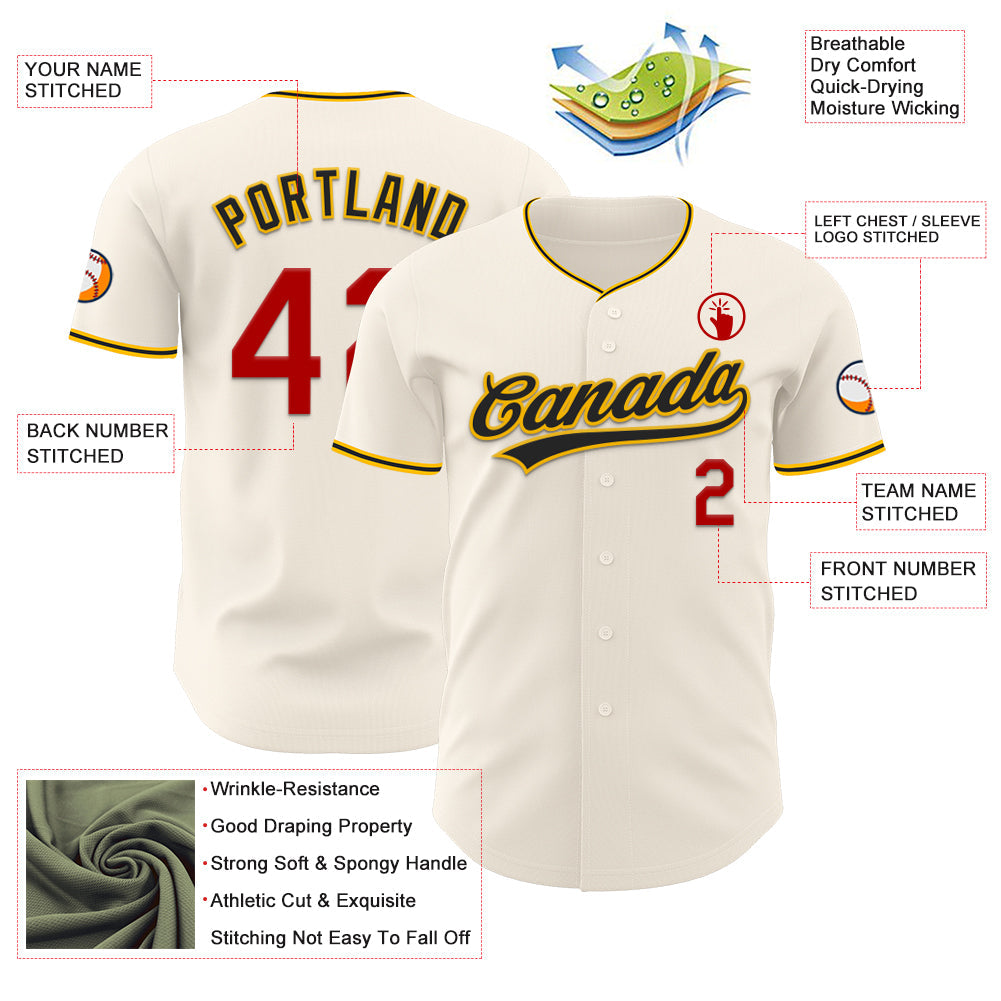 Custom Cream Red Gold-Black Authentic Baseball Jersey view 3