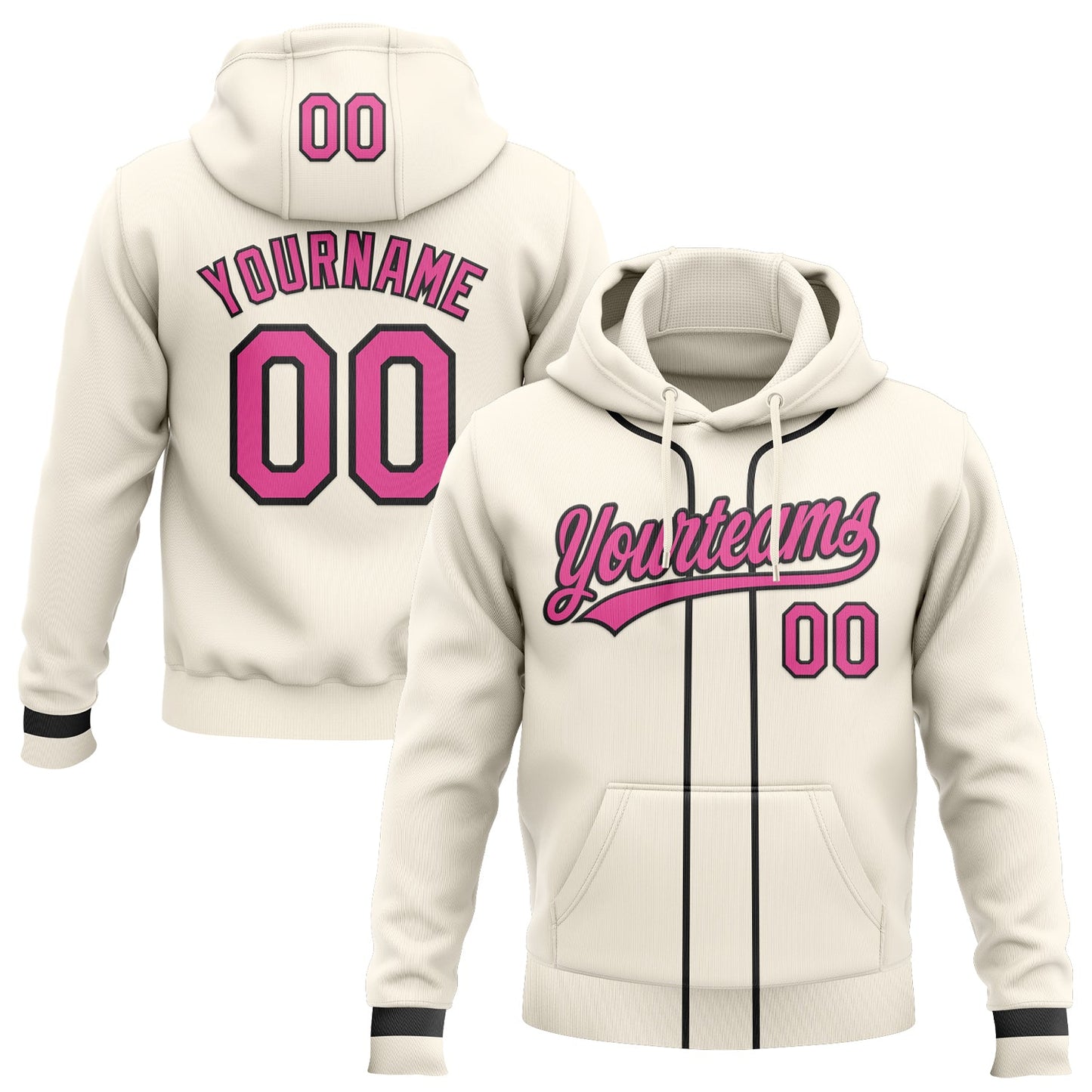 Custom Stitched Cream Pink-Black Baseball Pullover Sweatshirt Hoodie - Main View